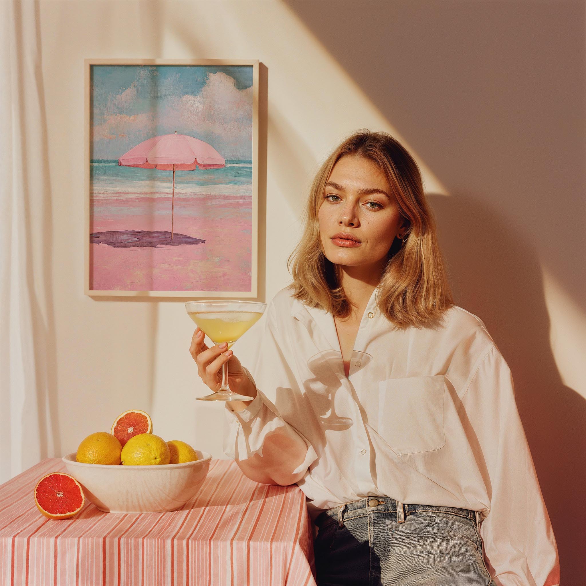 Pembe Sahil Şemsiyesi Maximalist - Duvar Tablosu