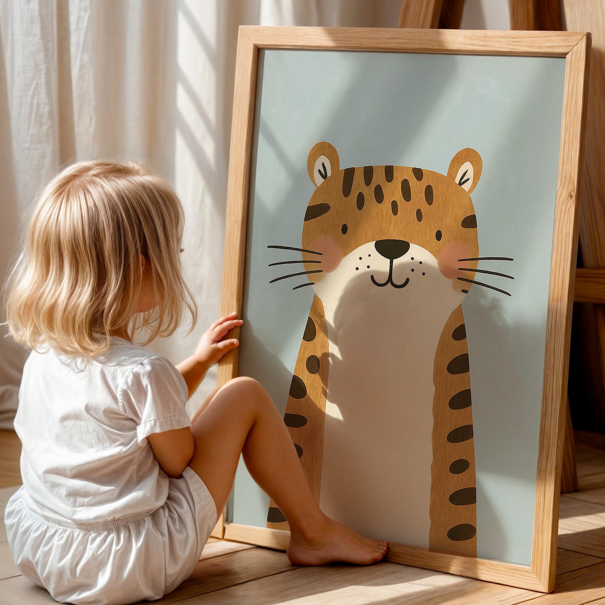 Sevimli Kaplan Mavi Fonlu Hayvan Temalı Erkek Çocuk Odası Ahşap Tablo