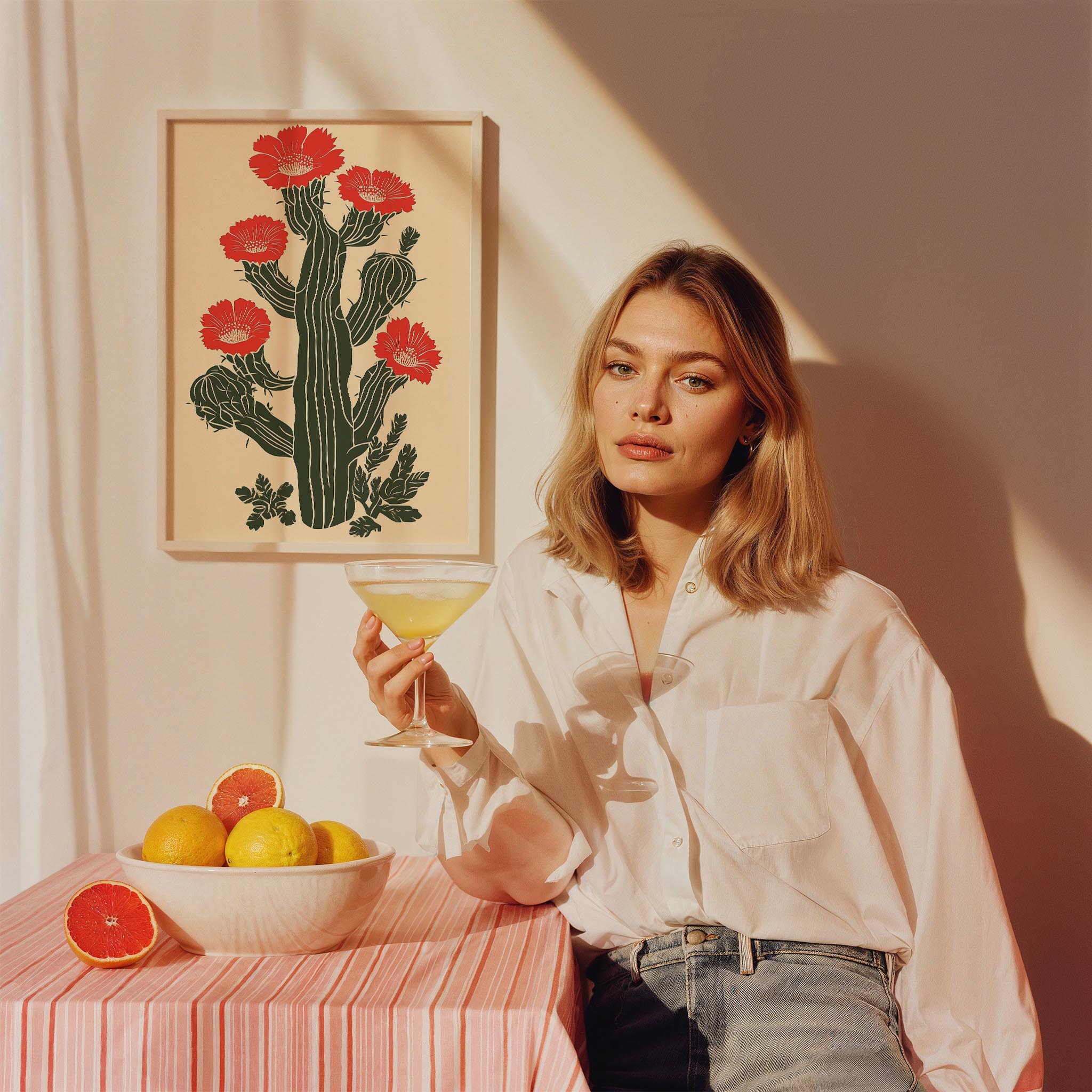 Kırmızı Çiçekli Kaktüs Retro Tarz - Duvar Tablosu