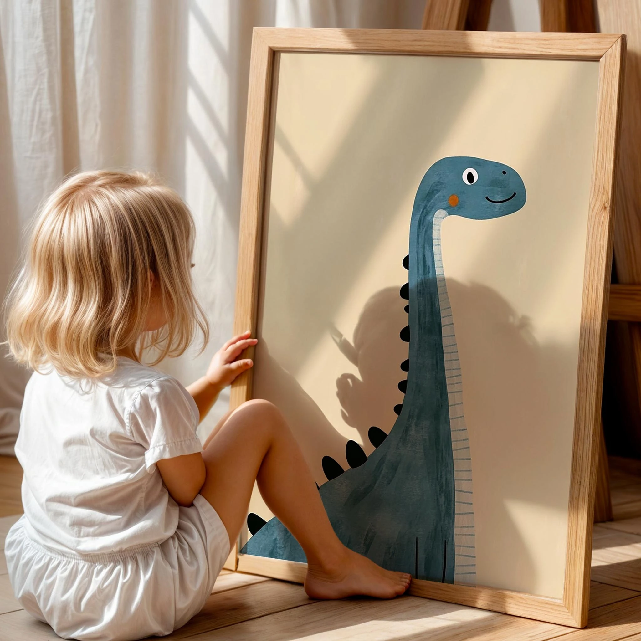 Sevimli Mavi Dinozor Temalı Krem Fonlu Çocuk Odası Ahşap Tablo