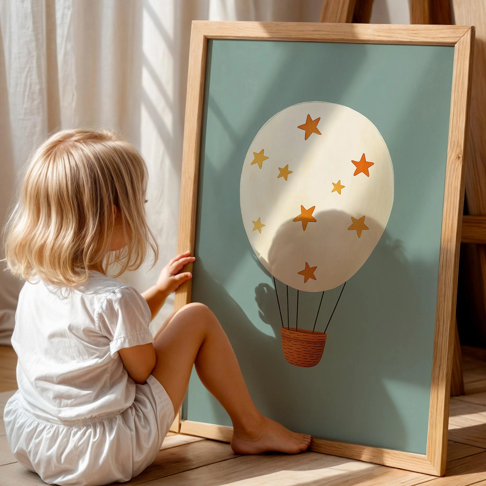 Uçan Balon Bohem Yeşil Fonlu Çocuk Odası Ahşap Tablo
