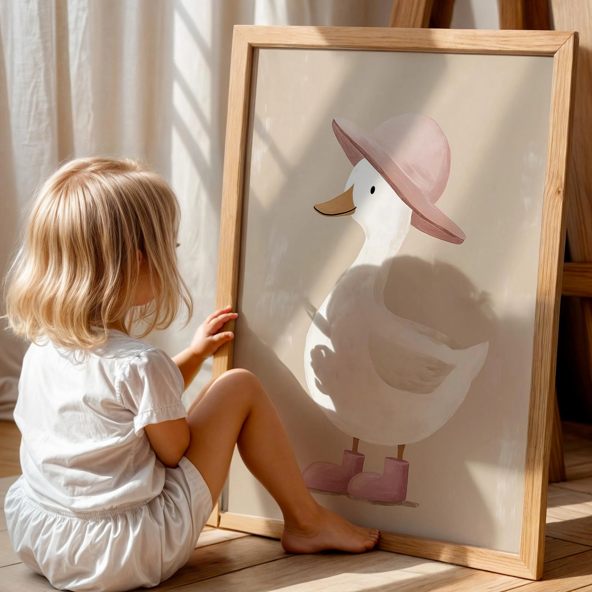 Sevimli Pembe Şapkalı Ördek Kız Çocuk Odası Ahşap Tablo