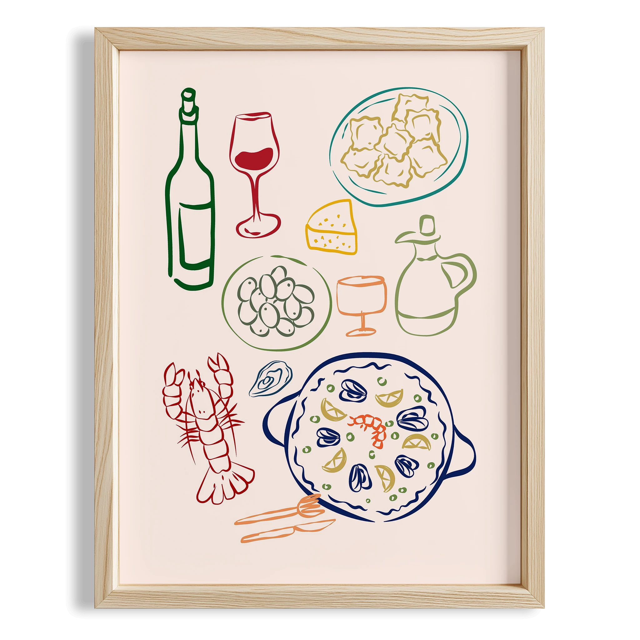 Akdeniz Sofrası Minimal Çizimler Mutfak Duvar Tablosu II