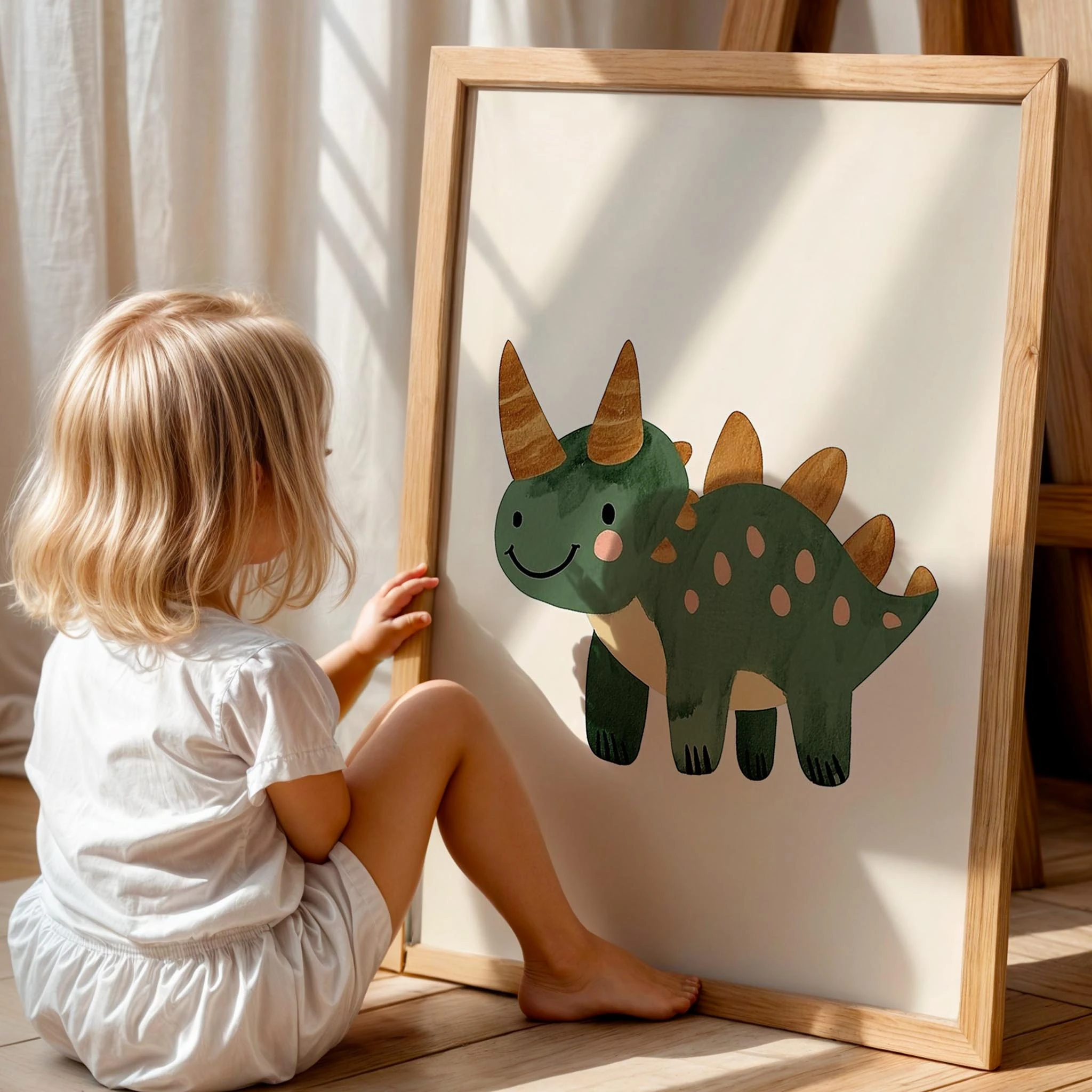 Sevimli Gülen Dinozor Temalı Minimalist Çocuk Odası Ahşap Tablo