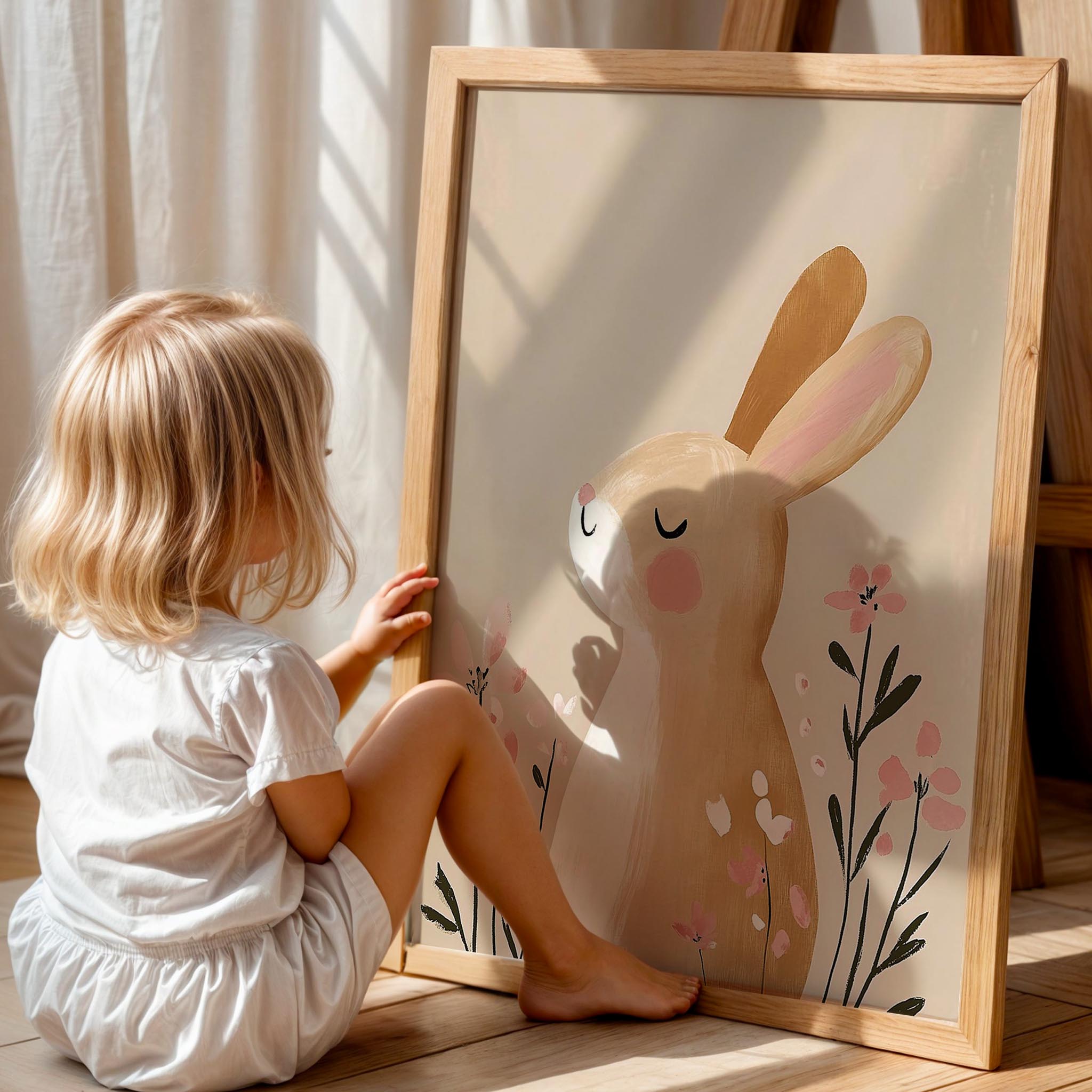 Çiçekli Tavşancık - Bohem Kız Çocuk Odası Ahşap Tablo