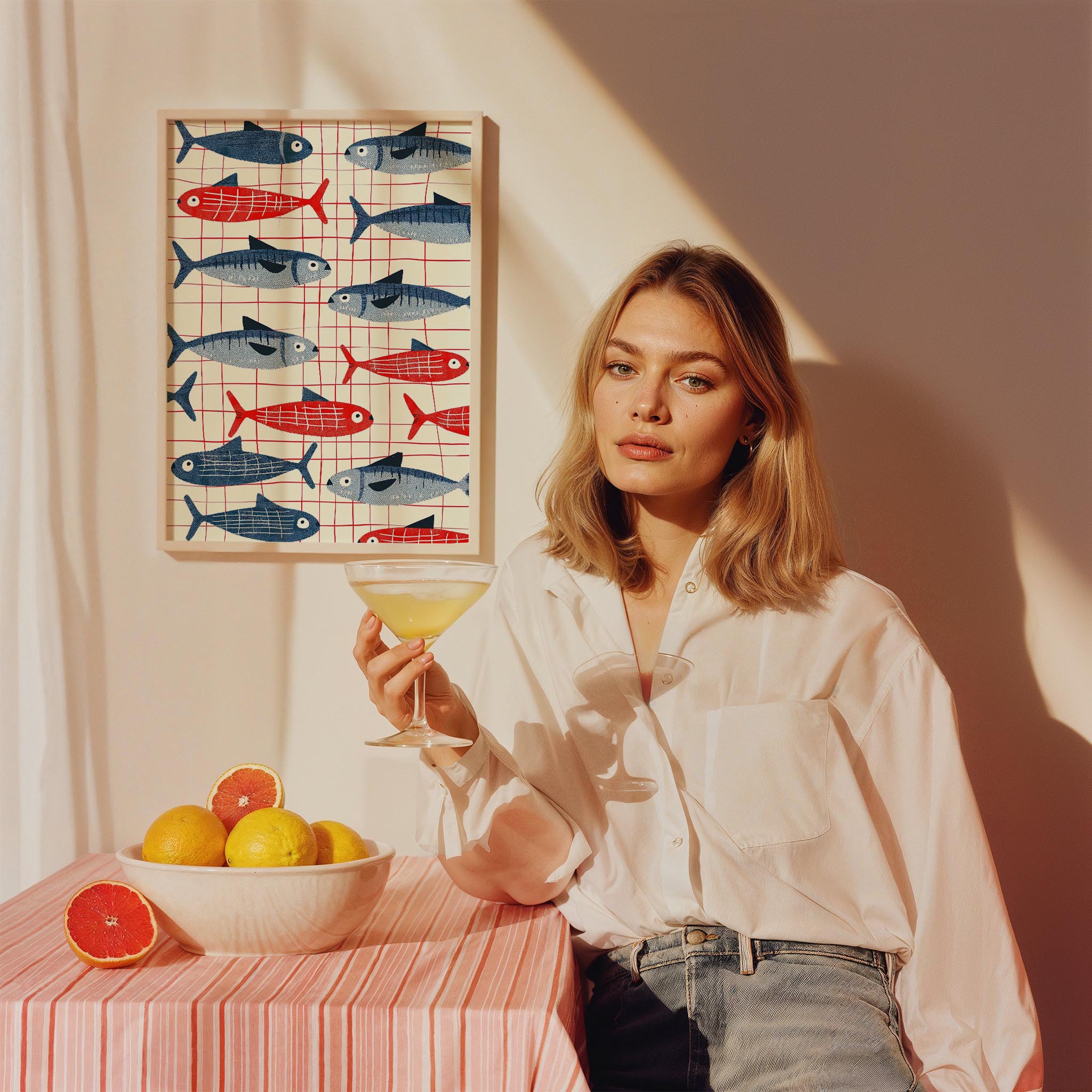 Mavi Kırmızı Sardalyalar Coastal Stil Mutfak Duvar Tablosu