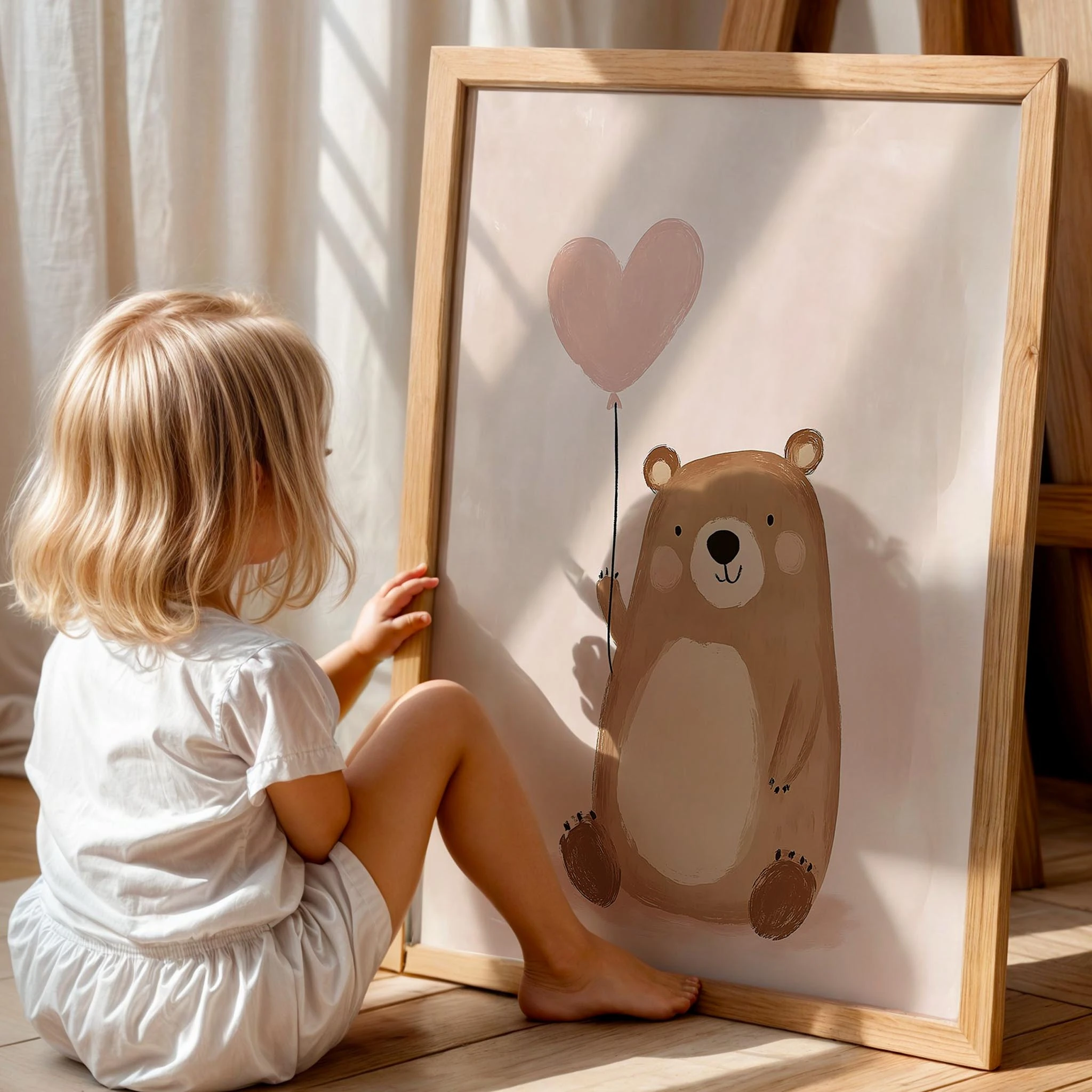 Kalp Balonlu Ayıcık Bohem Kız Çocuk Odası Ahşap Tablo