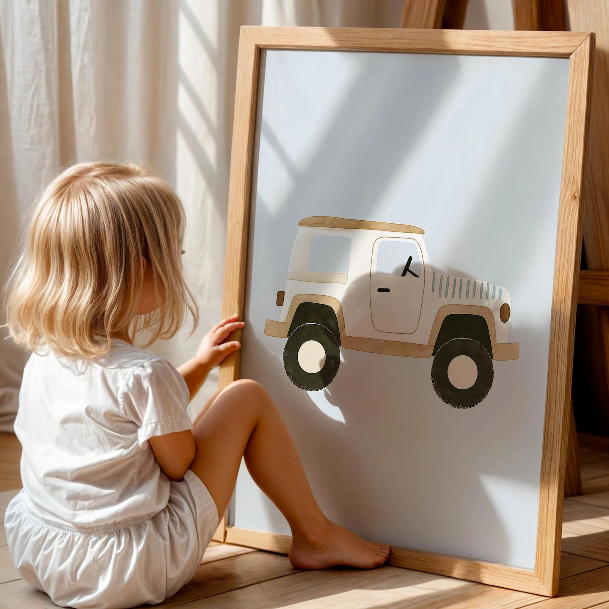 Jeep Araba Temalı Mavi Fonlu Çocuk Odası Ahşap Tablo