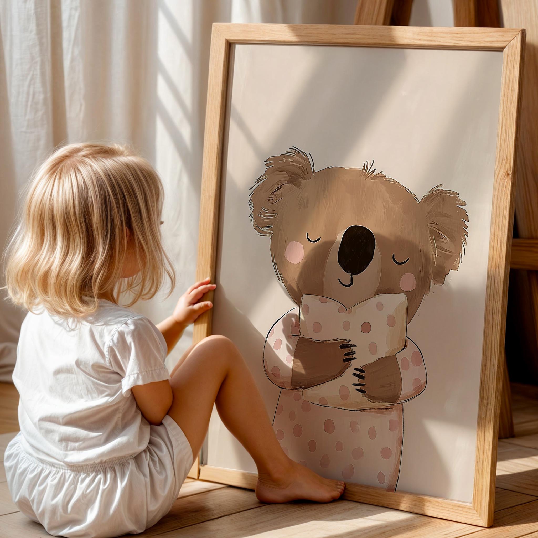 Uykucu Koala Pembe Puantiyeli Bohem Kız Çocuk Odası Ahşap Tablo