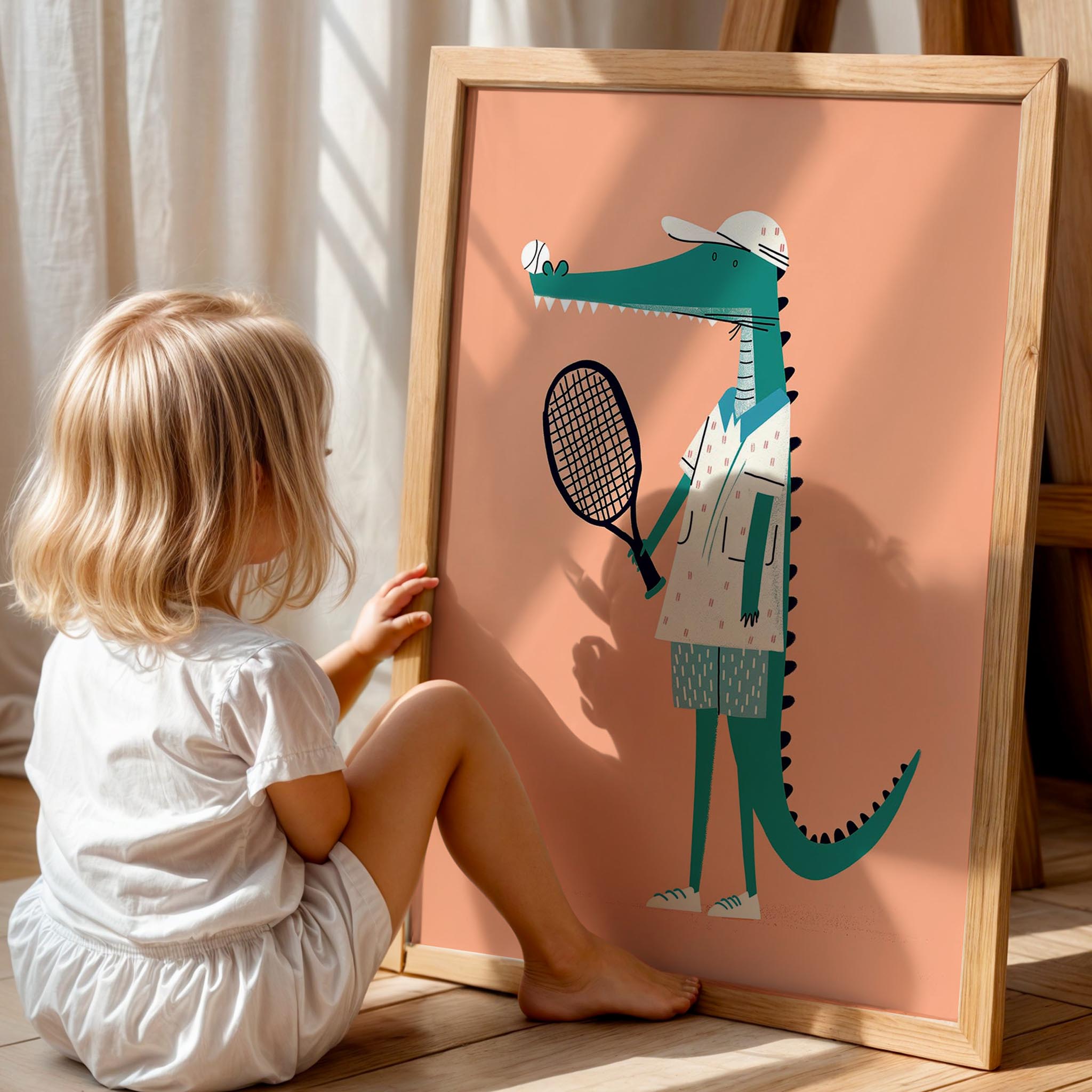 Tenisçi Timsah - Eklektik Tarzda Çocuk Odası Dekorasyonu Ahşap Çerçeveli Duvar Tablosu