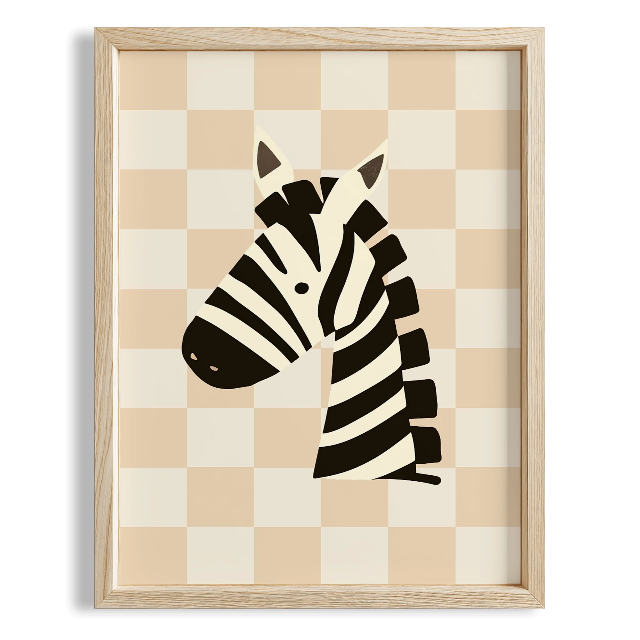 Zebra Sevimli Safari Hayvanları Krem Kareli Fonlu Çocuk Odası Ahşap Tablo