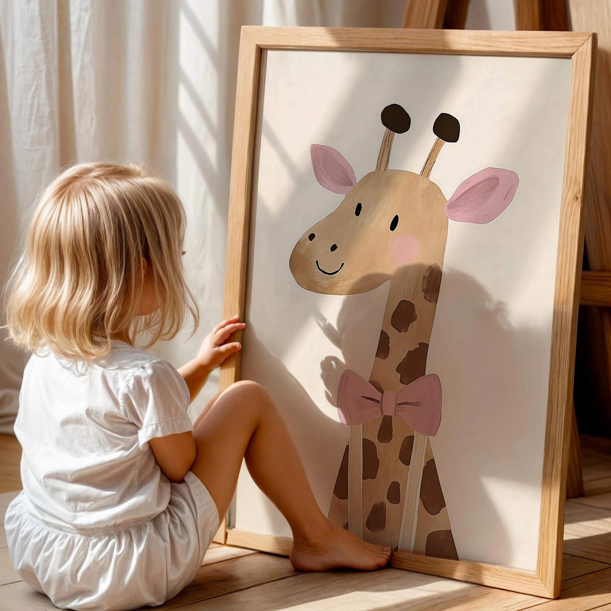 Pembe Papyonlu Sevimli Zürafa Bohem Kız Çocuk Odası Ahşap Tablo