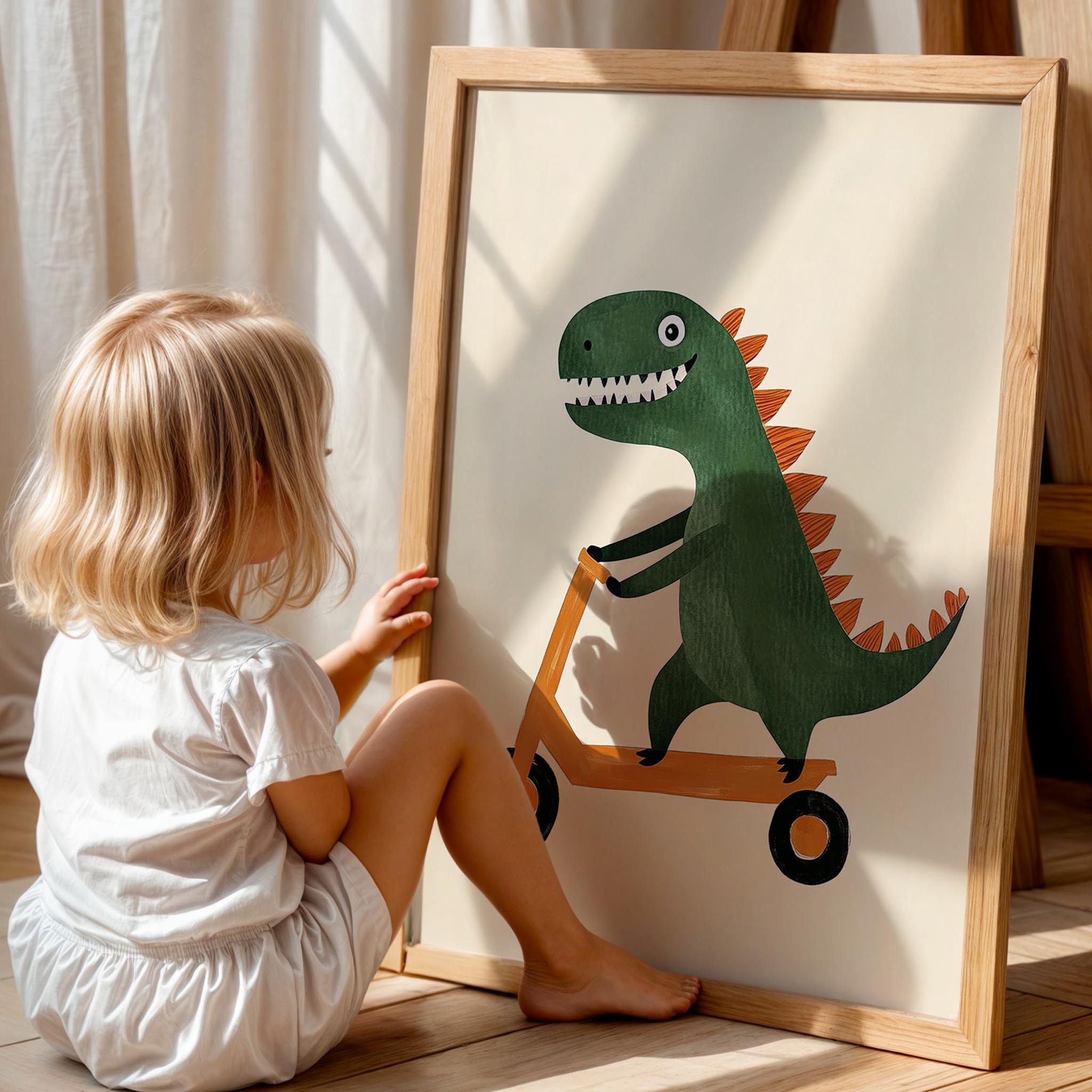 Scooter Süren Dinozor Temalı Minimalist Çocuk Odası Ahşap Tablo II