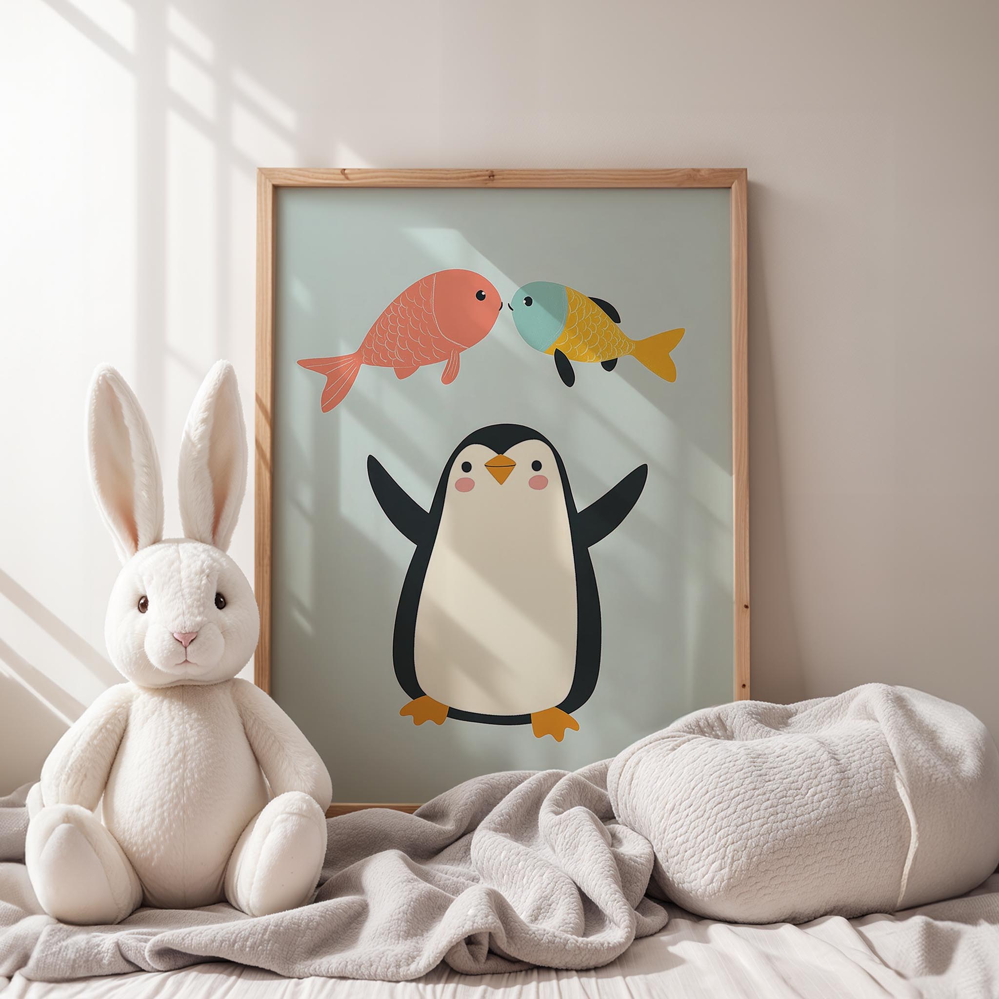 Balıklar ve Penguen - Mavi Fon