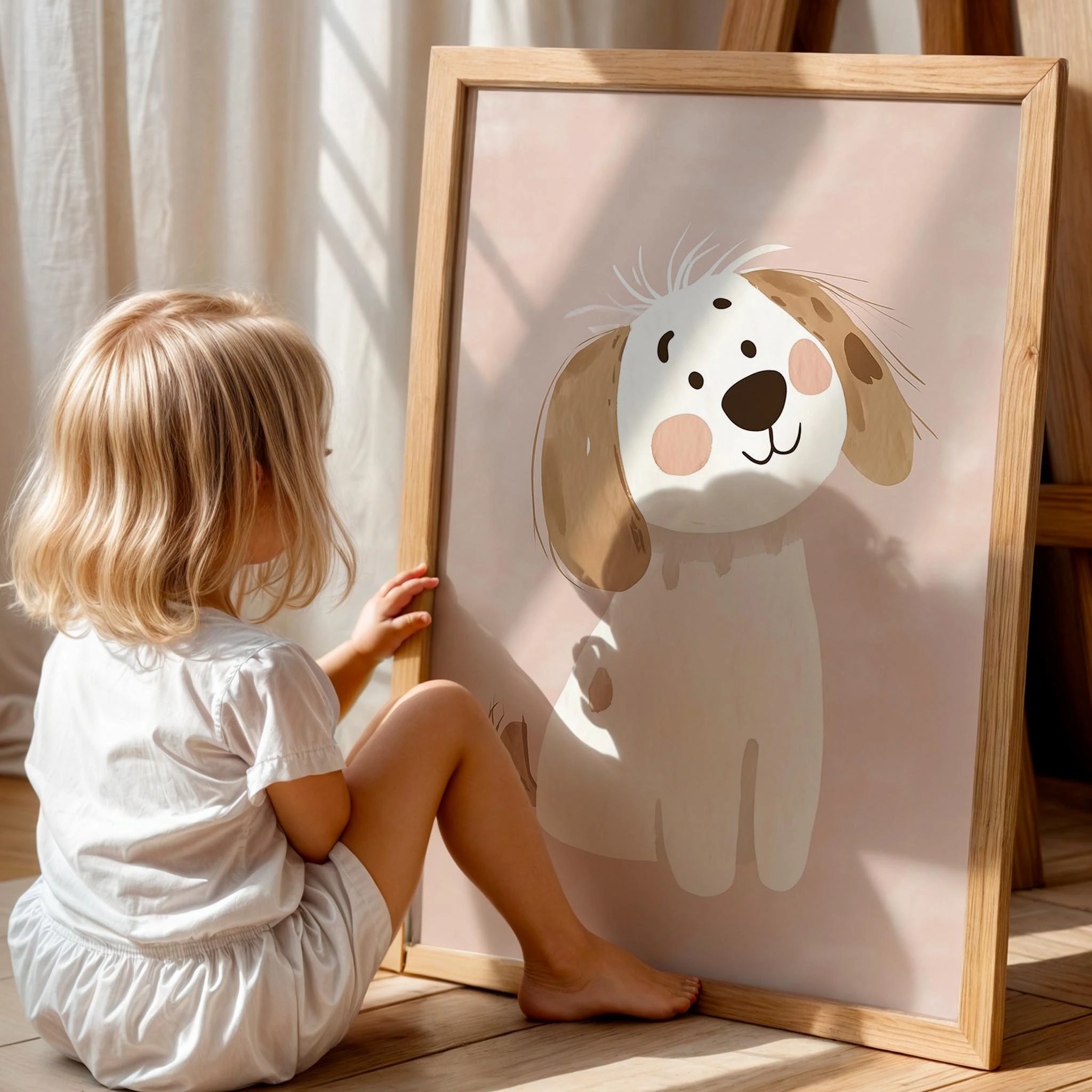 Sevimli Yavru Köpek Pembe Fonlu Kız Çocuk Odası Ahşap Tablo I