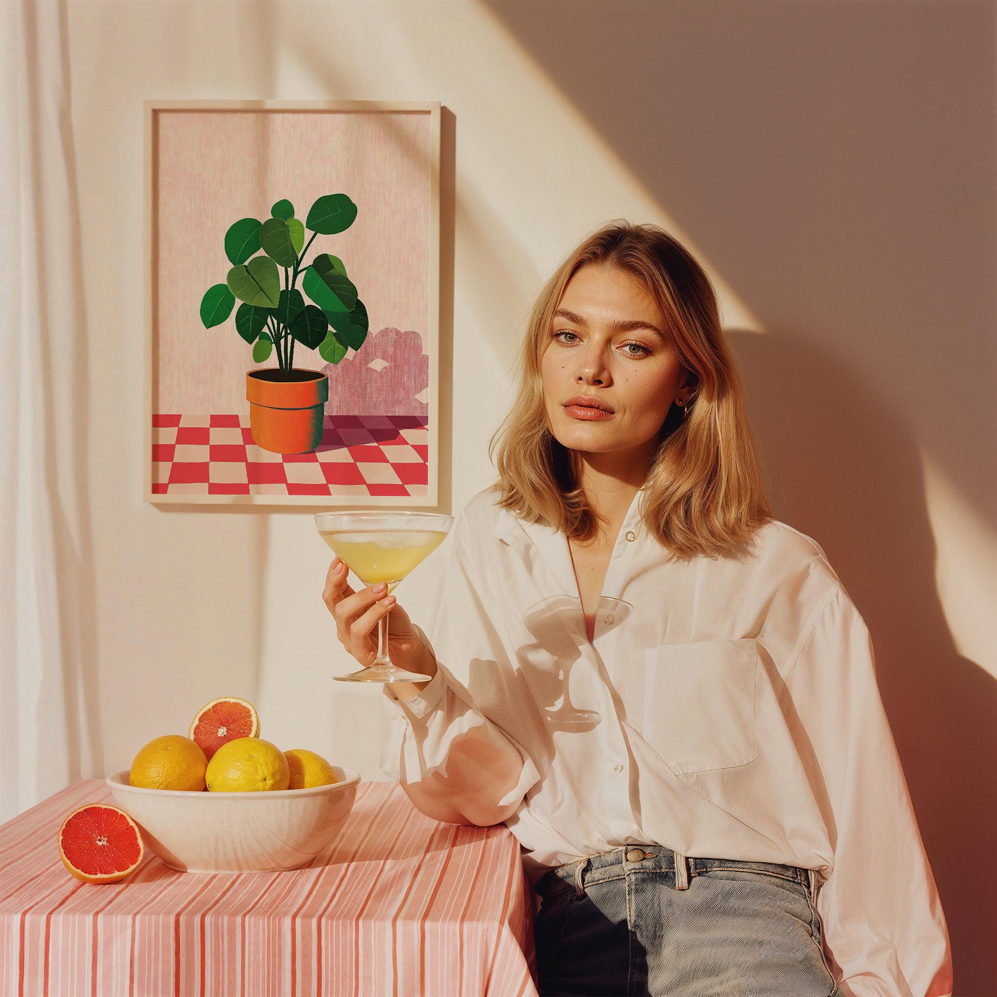 Yeşil Saksı Bitkisi Geometrik Zemin - Duvar Tablosu