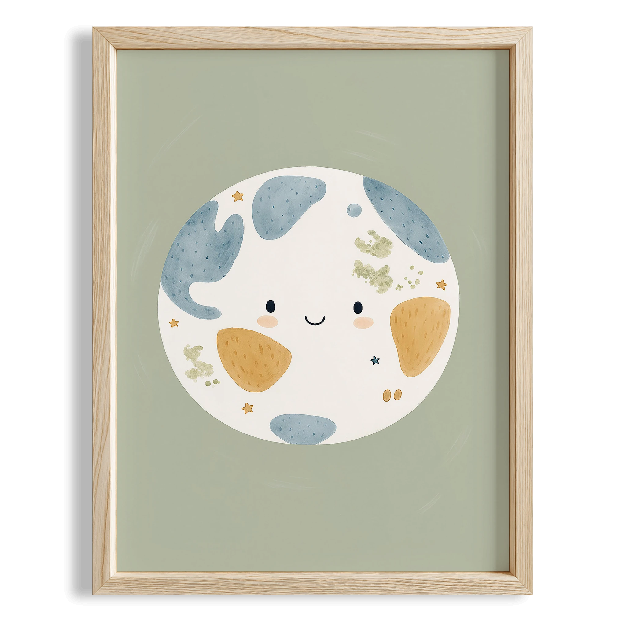 Sevimli Ay Yeşil Fon Uzay Temalı Çocuk Odası Ahşap Tablo