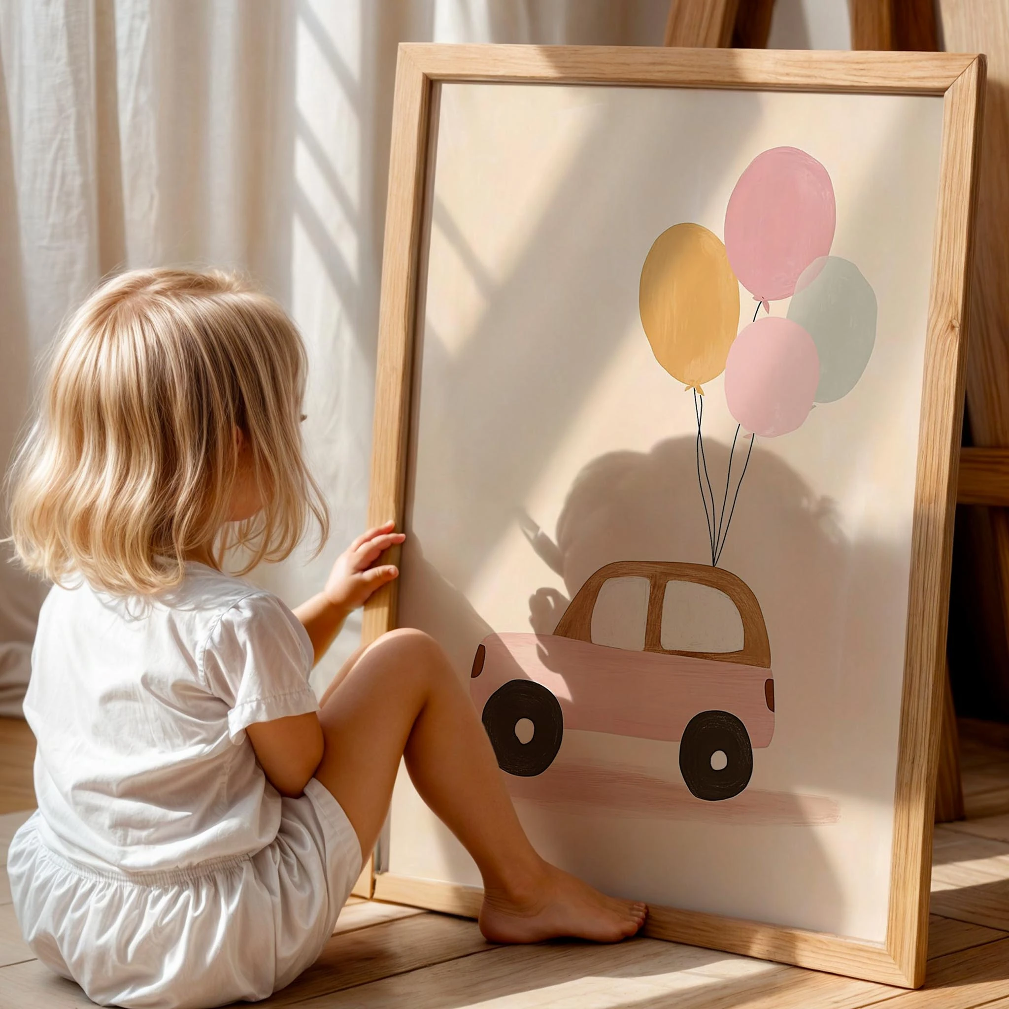 Renkli Balonlu Araba Bohem Kız Çocuk Odası Ahşap Tablo