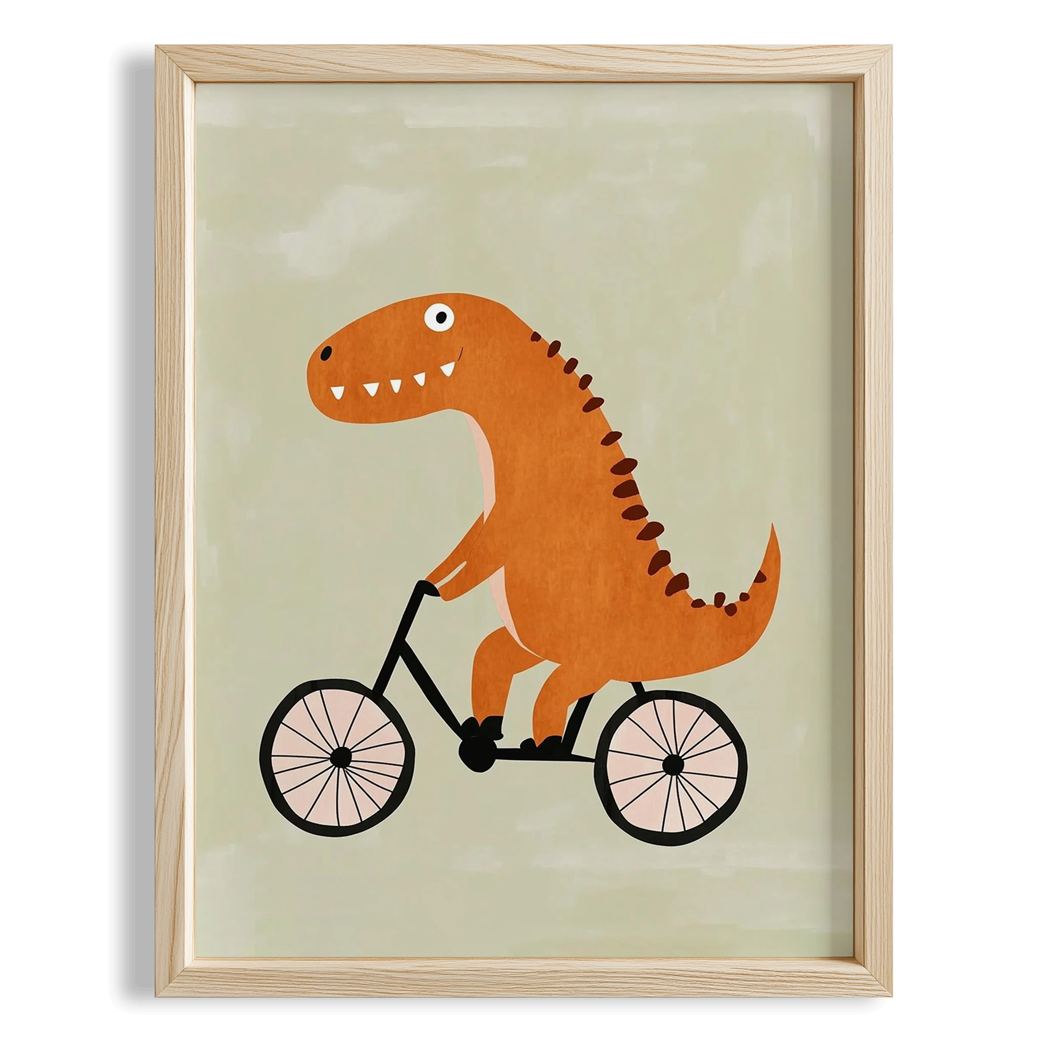Bisiklet Süren Dinozor Temalı Yeşil Fon Çocuk Odası Ahşap Tablo II