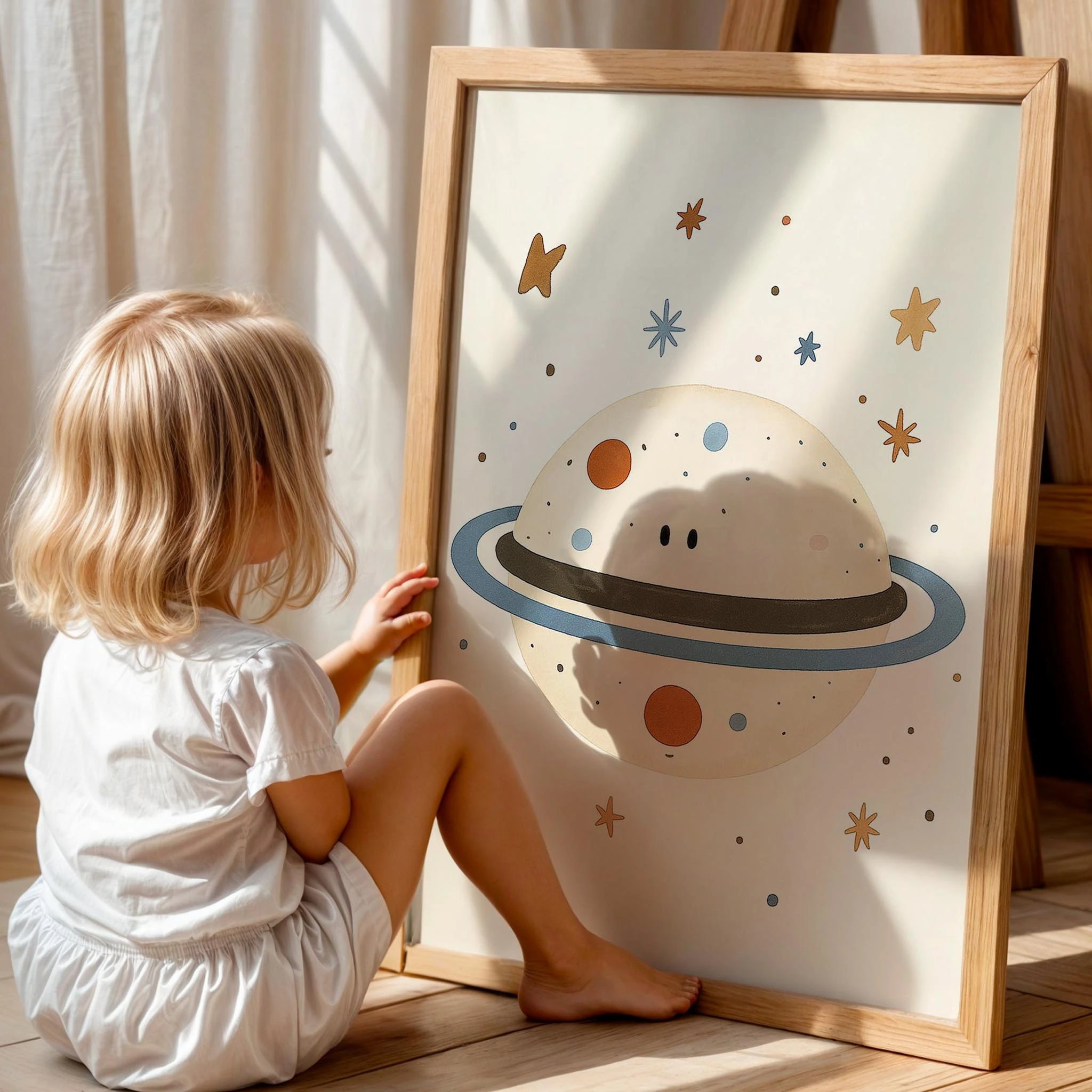 Sevimli Gezegen Uzay Temalı Çocuk Odası Ahşap Tablo