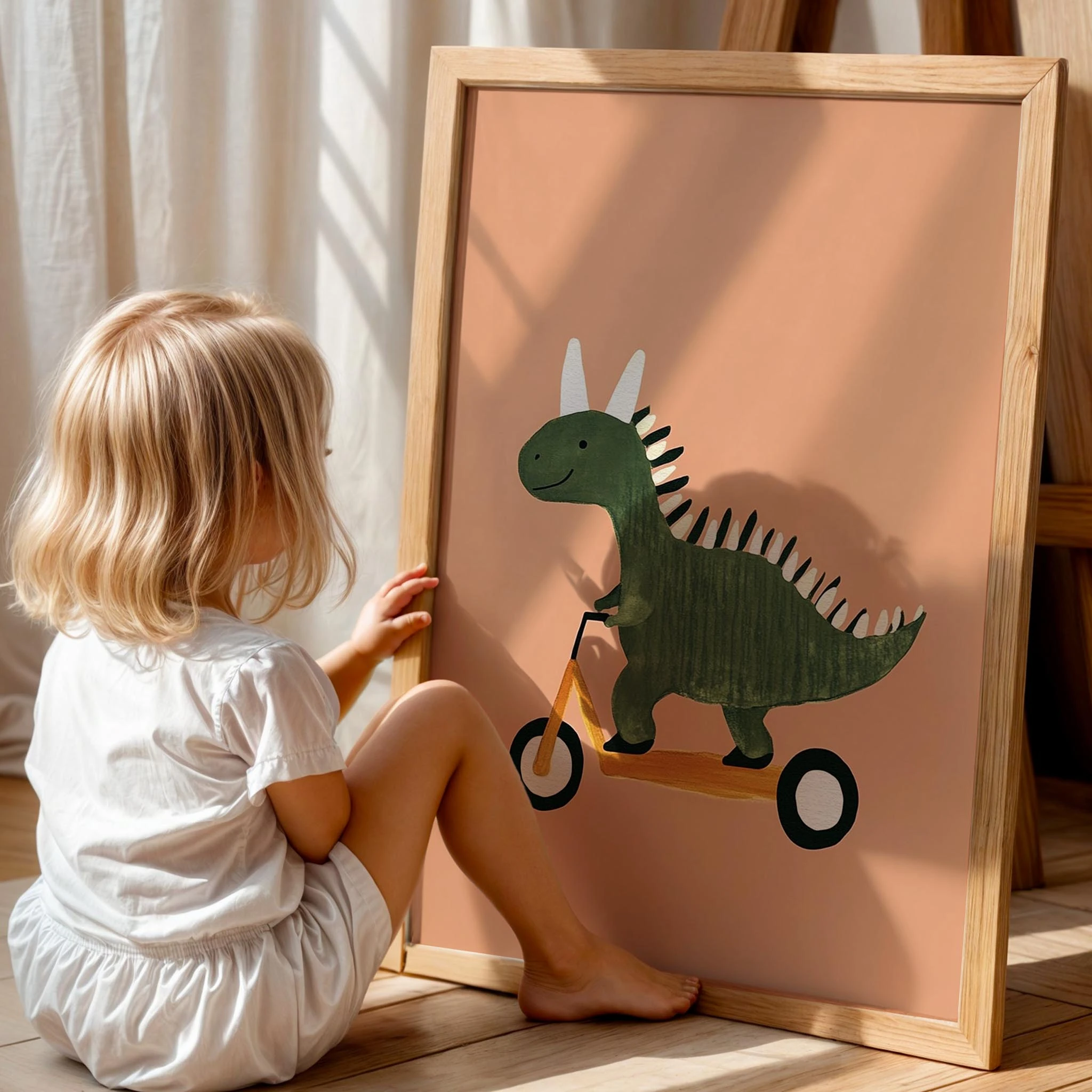 Scooter Süren Dinozor Temalı Bej Fonlu Çocuk Odası Ahşap Tablo