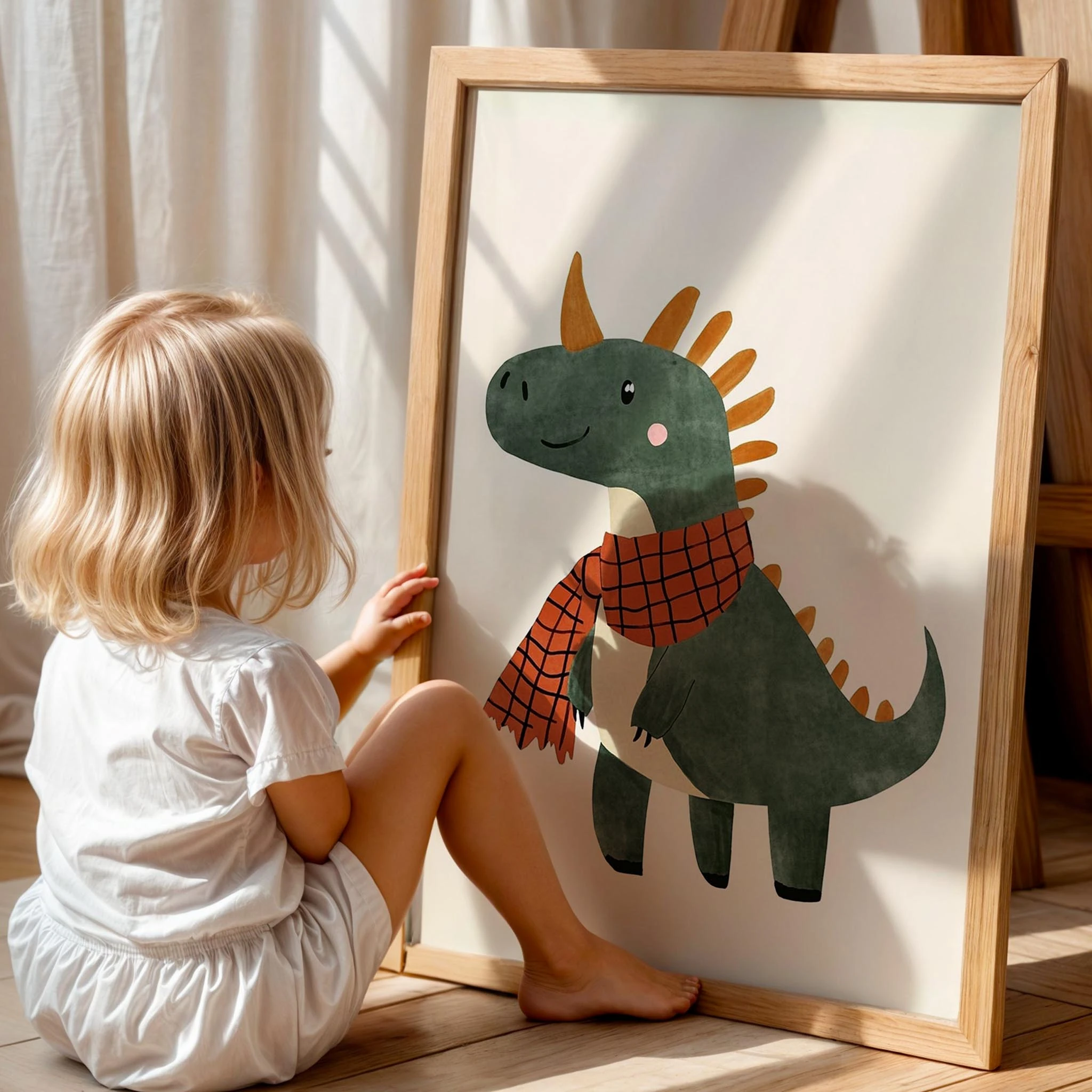 Sevimli Fularlı Dinozor Temalı Minimal Çocuk Odası Ahşap Tablo