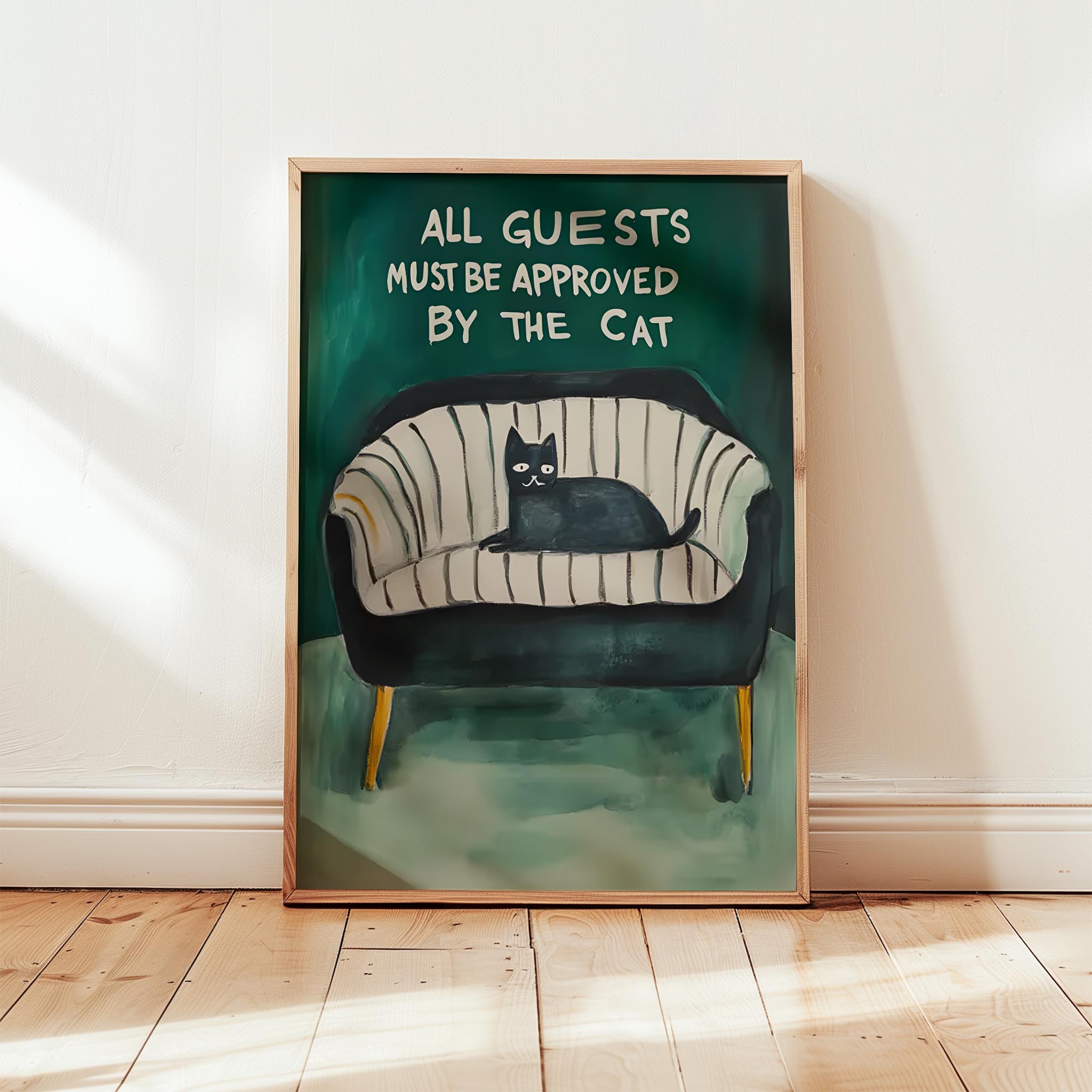 Kedi Baskı III - “All Guests Must Be Approved by the Cat” (Gri Kanepe)