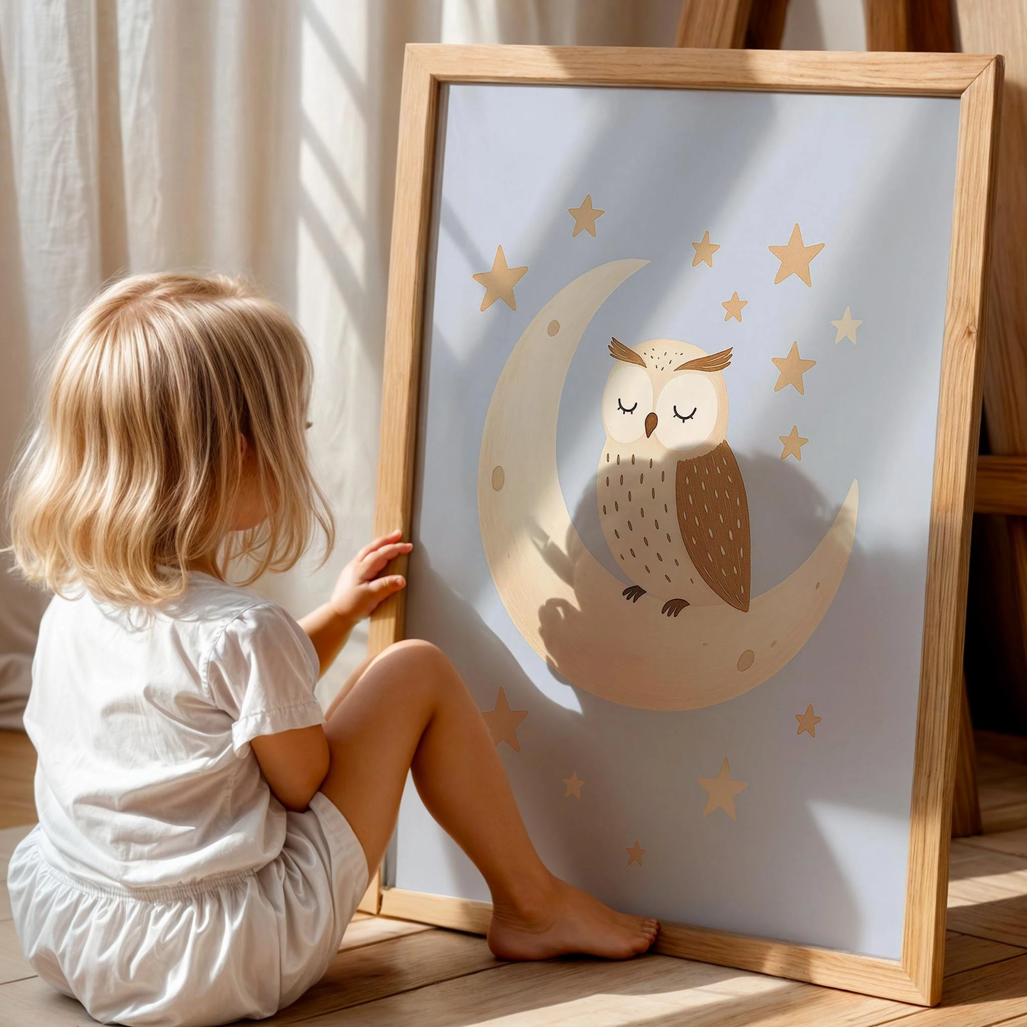 Aydede Yıldızlar ve Baykuş Erkek Çocuk Odası Ahşap Tablo