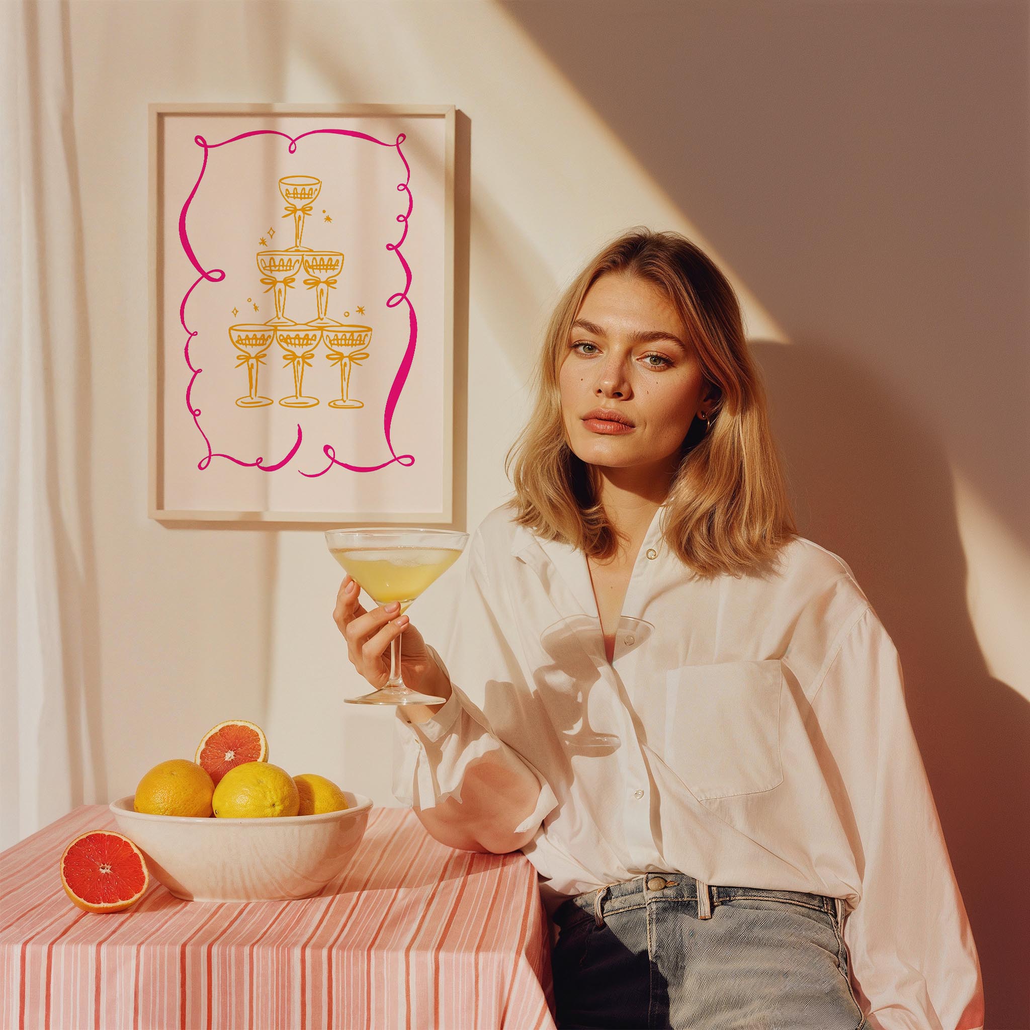 Şampanya Kadeh Kulesi Çizim Mutfak Duvar Tablosu