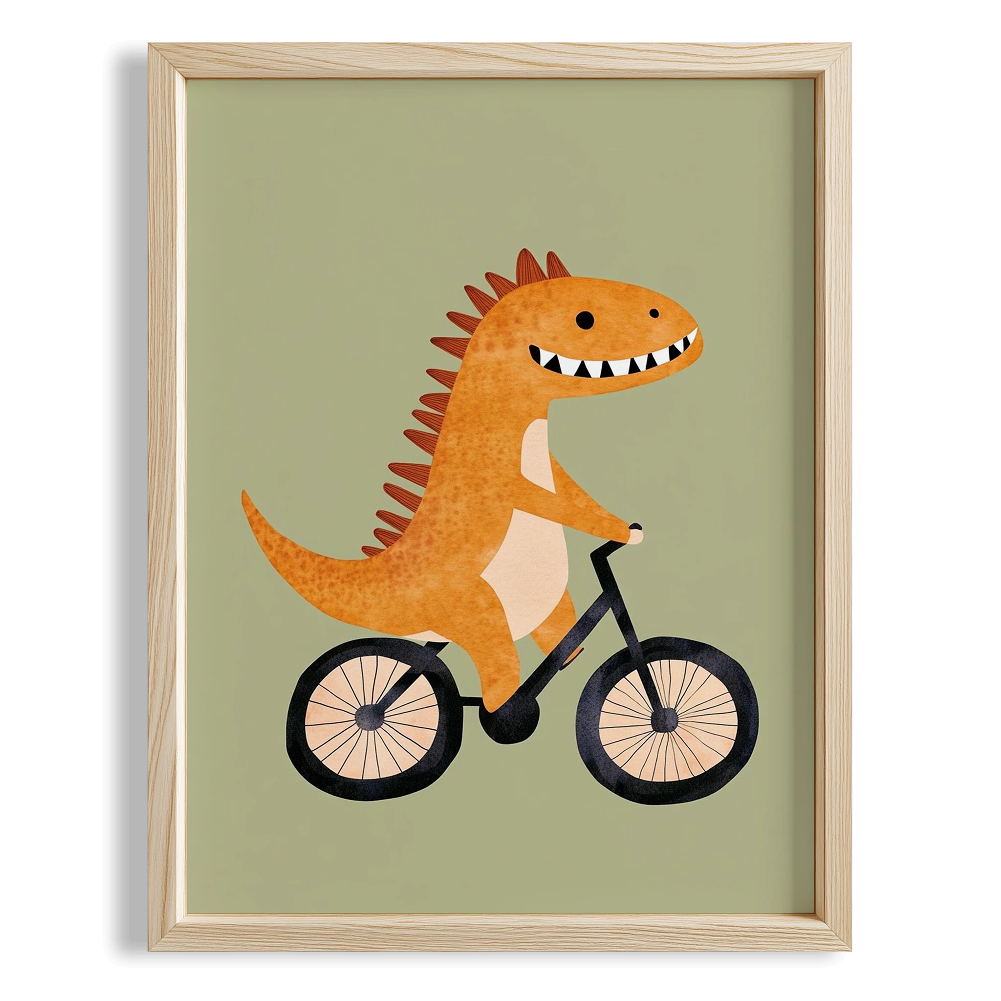 Bisiklet Süren Dinozor Temalı Yeşil Fon Çocuk Odası Ahşap Tablo I