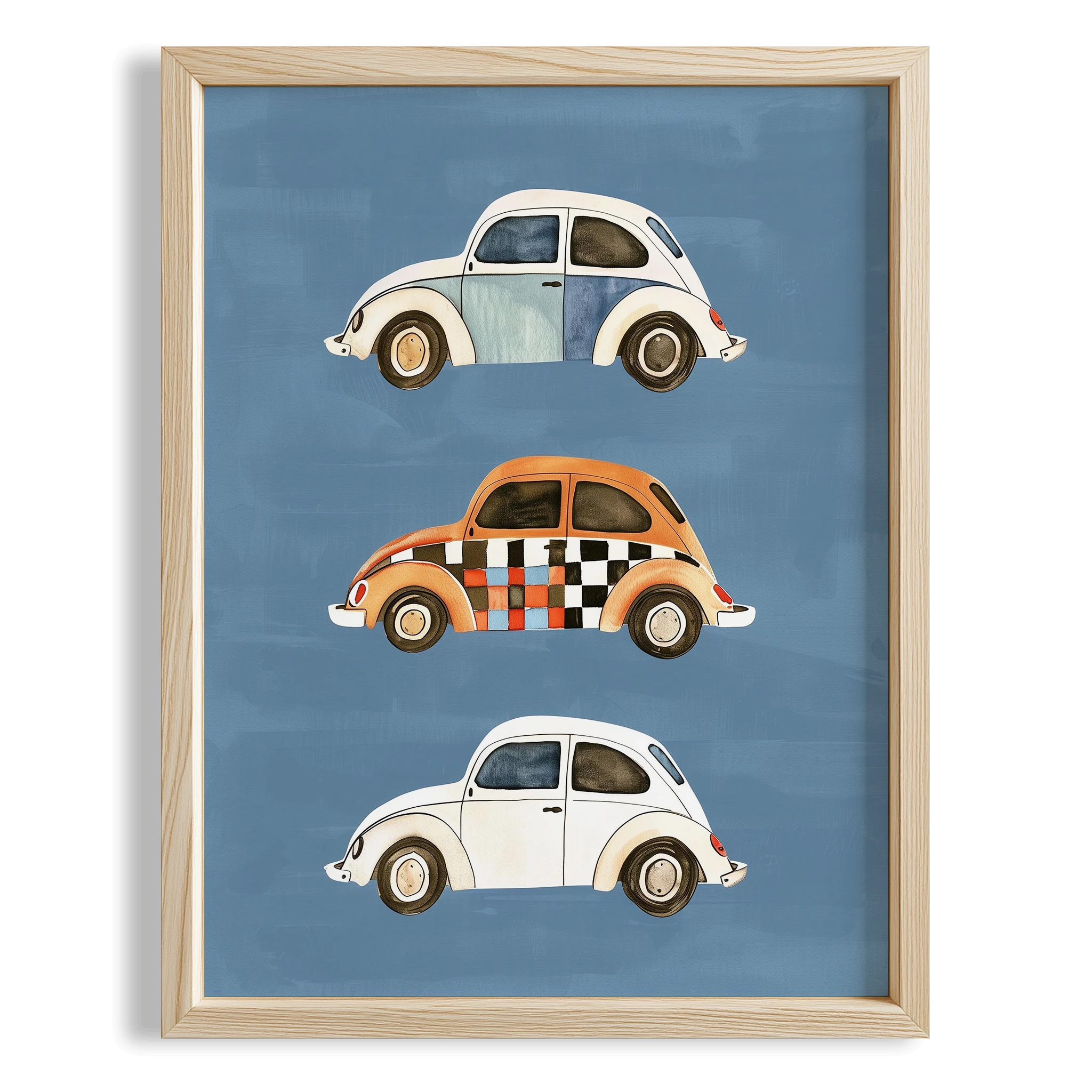 Vosvos Arabalar Mavi Fonlu Araba Temalı Erkek Çocuk Odası Ahşap Tablo