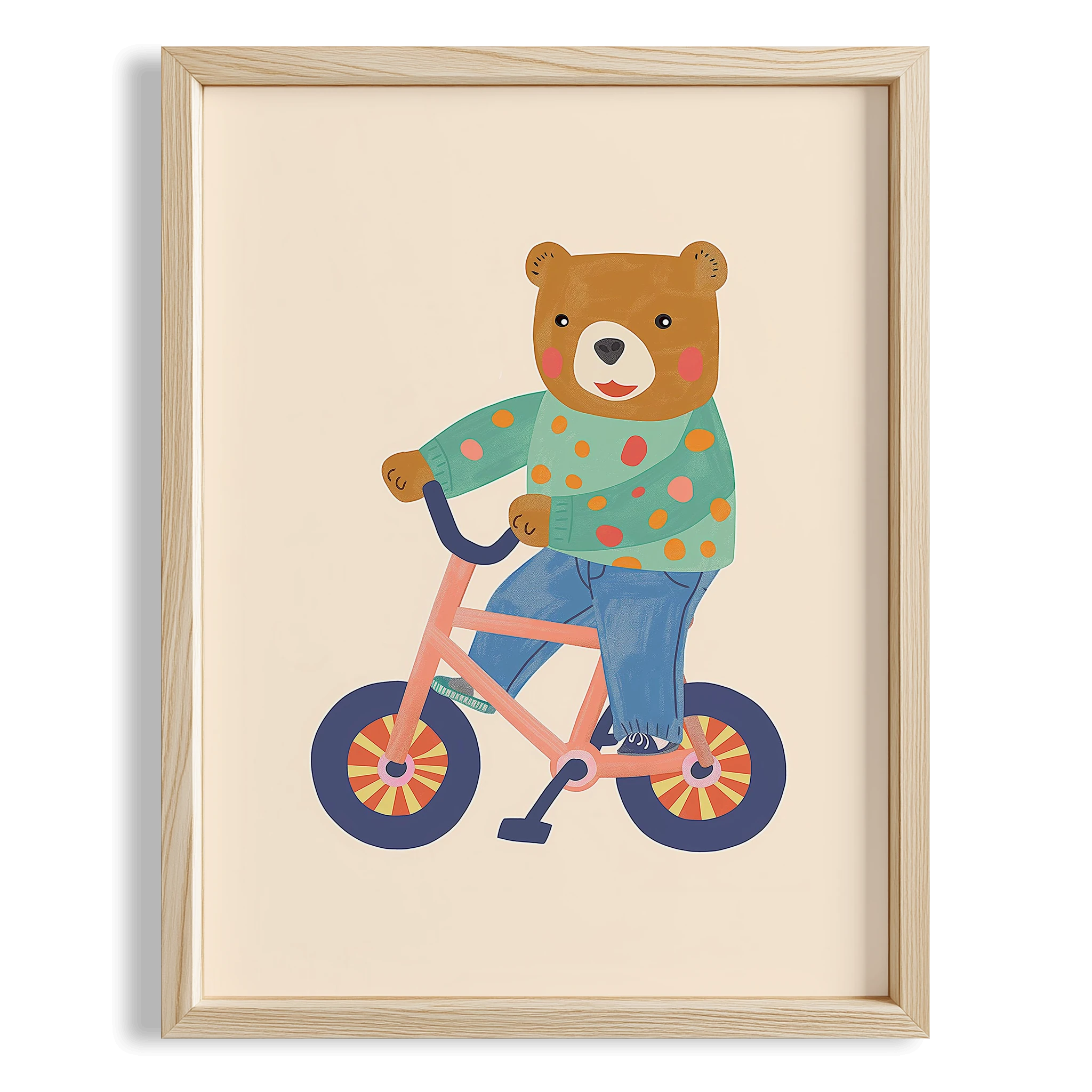 Bisikletli Ayı Eklektik Tarzda Çocuk Odası Dekorasyonu Ahşap Çerçeveli Duvar Tablosu