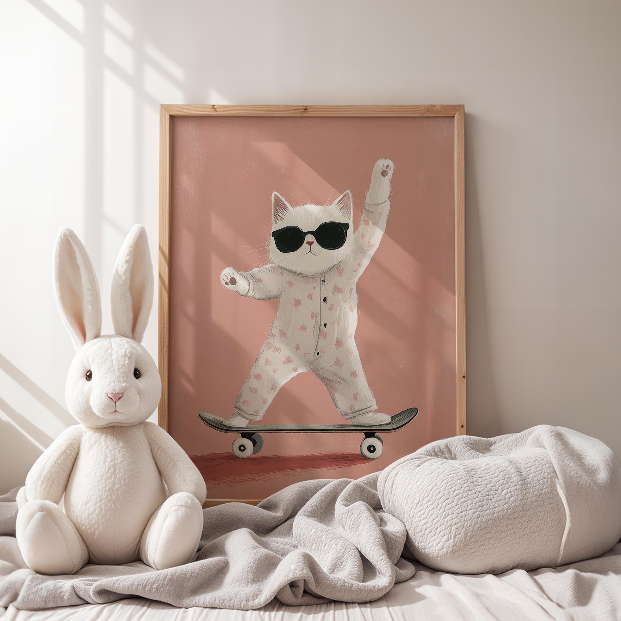 Pijamalı Kaykaycı Kedi - Pembe Fon