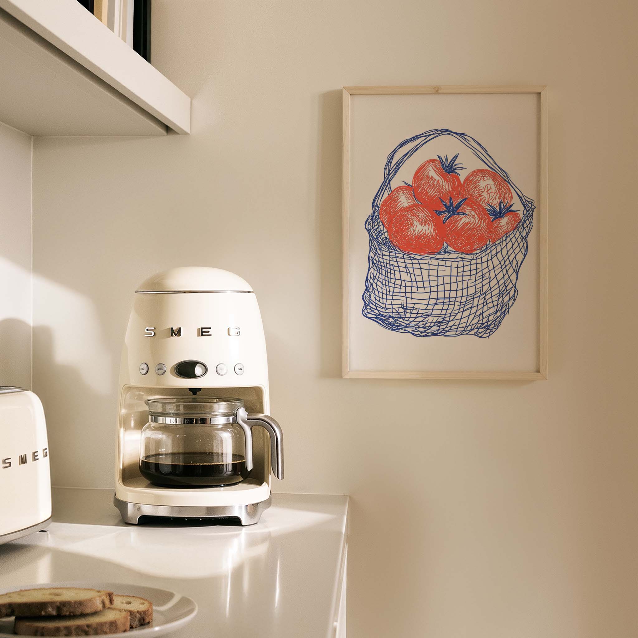 Hasır Sepette Domates Vintage Çizim Mutfak Duvar Tablosu