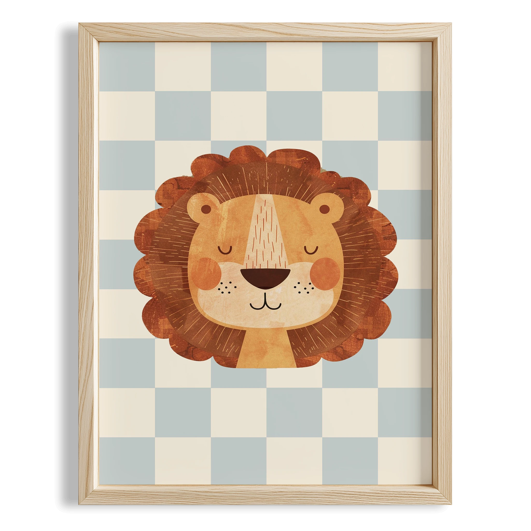 Aslan Sevimli Safari Hayvanları Açık Mavi Kareli Fonlu Çocuk Odası Ahşap Tablo