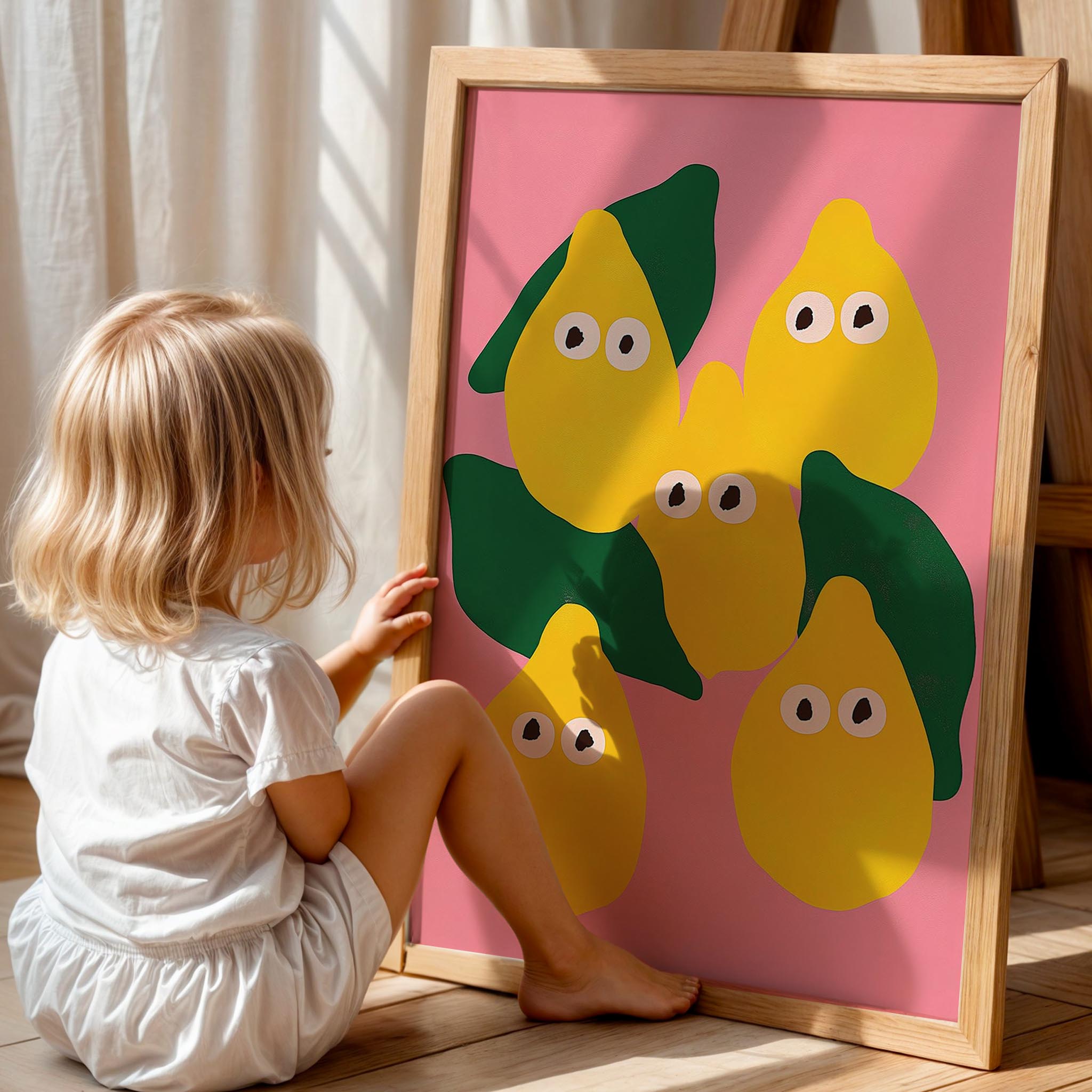 Gözlü Limonlar - Eklektik Tarzda Çocuk Odası Dekorasyonu Ahşap Çerçeveli Duvar Tablosu