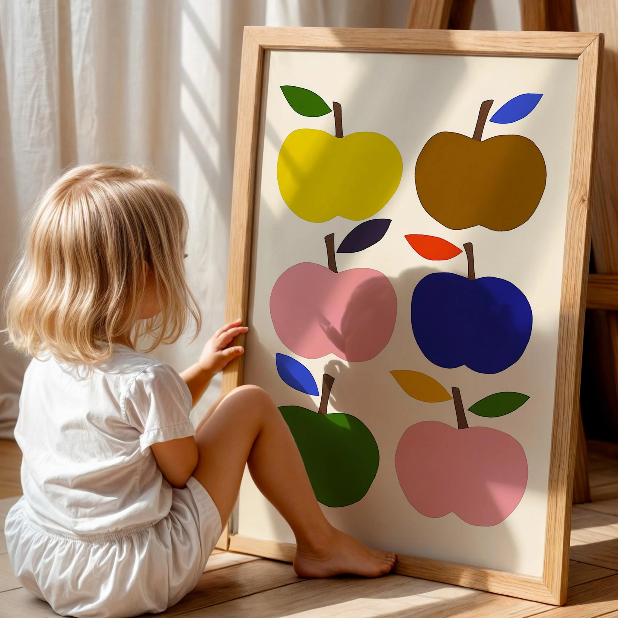 Renkli Elmalar - Eklektik Tarzda Çocuk Odası Dekorasyonu Ahşap Çerçeveli Duvar Tablosu
