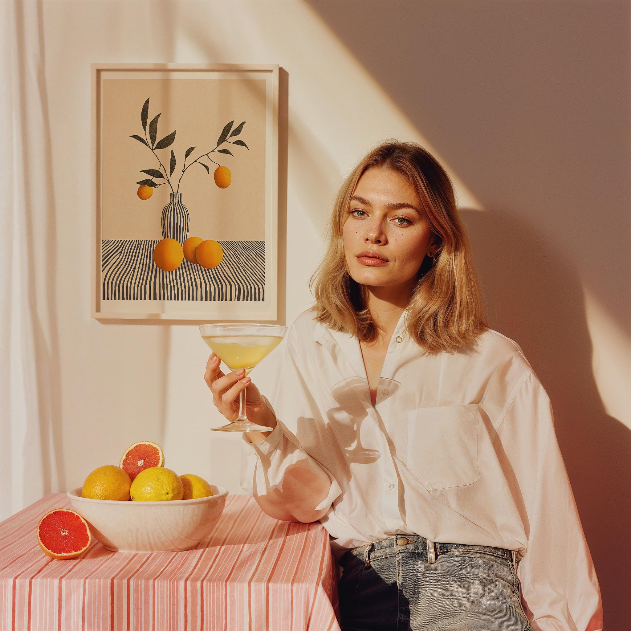 Masada Portakal ve Çizgili Vazo Meyveler Mutfak Duvar Tablosu II