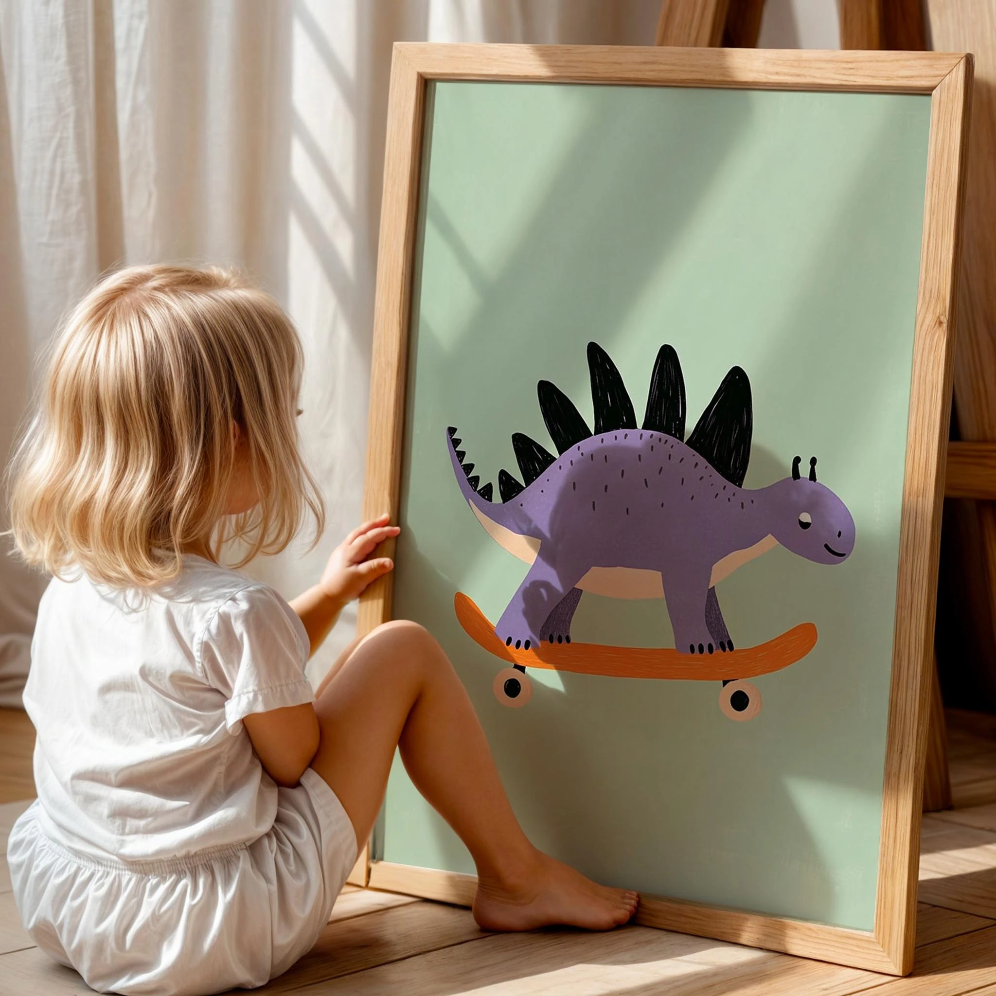 Scooter Süren Dinozor Temalı Yeşil Fonlu Çocuk Odası Ahşap Tablo I