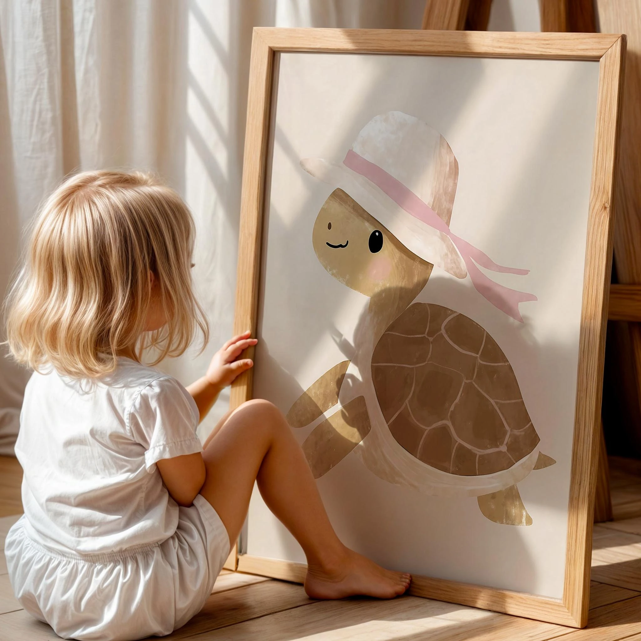 Bohem Şapkalı Kaplumbağa Kız Çocuk Odası Ahşap Tablo
