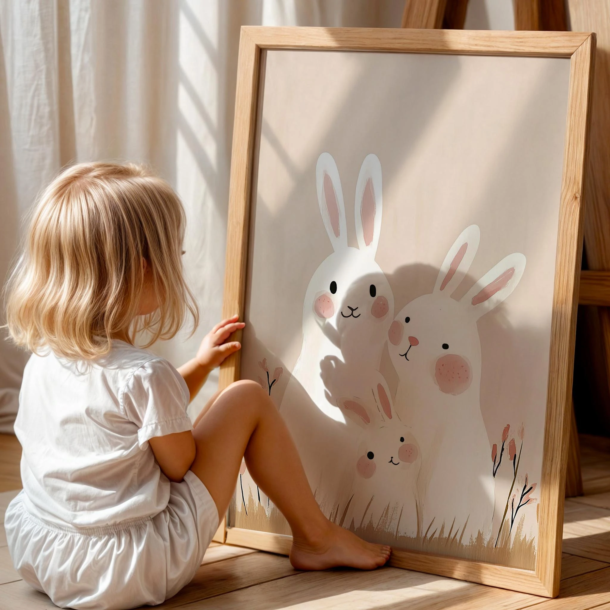 Mutlu Tavşan Ailesi Bohem Kız Çocuk Odası Ahşap Tablo