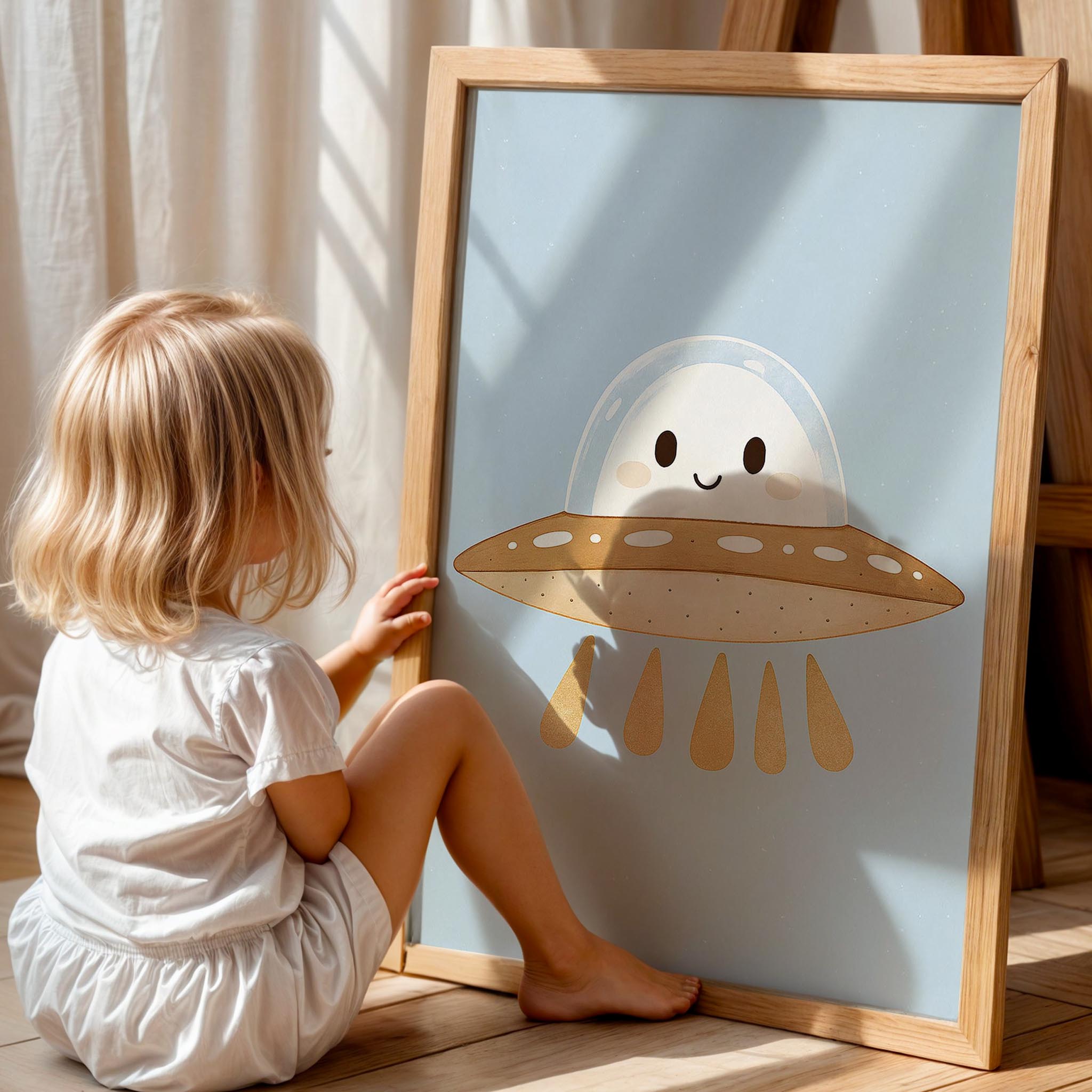 Sevimli Ufo Uzay Temalı Çocuk Odası Ahşap Tablo I