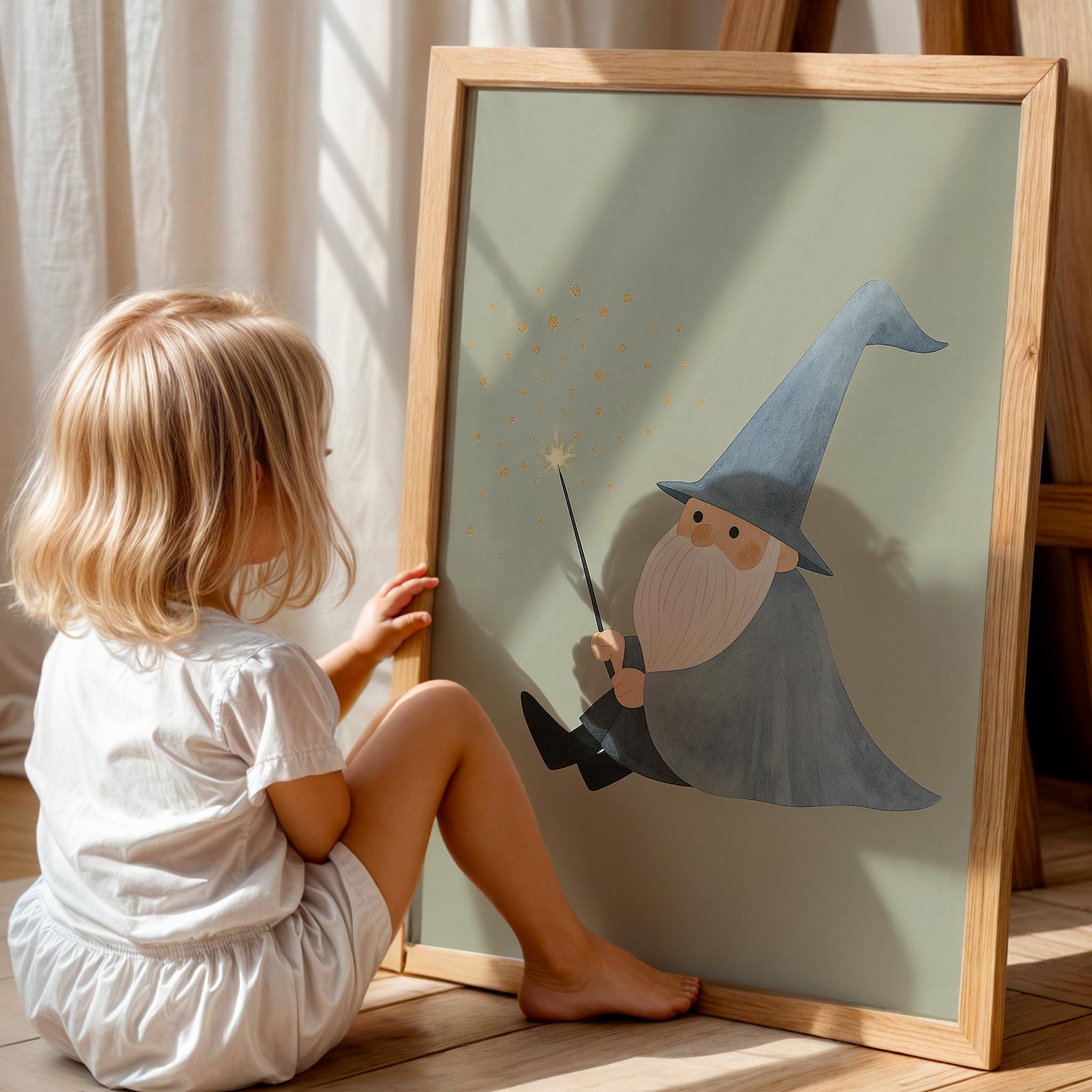 Ak Sakallı Sevimli Büyücü Yeşil Fonlu Çocuk Odası Ahşap Tablo