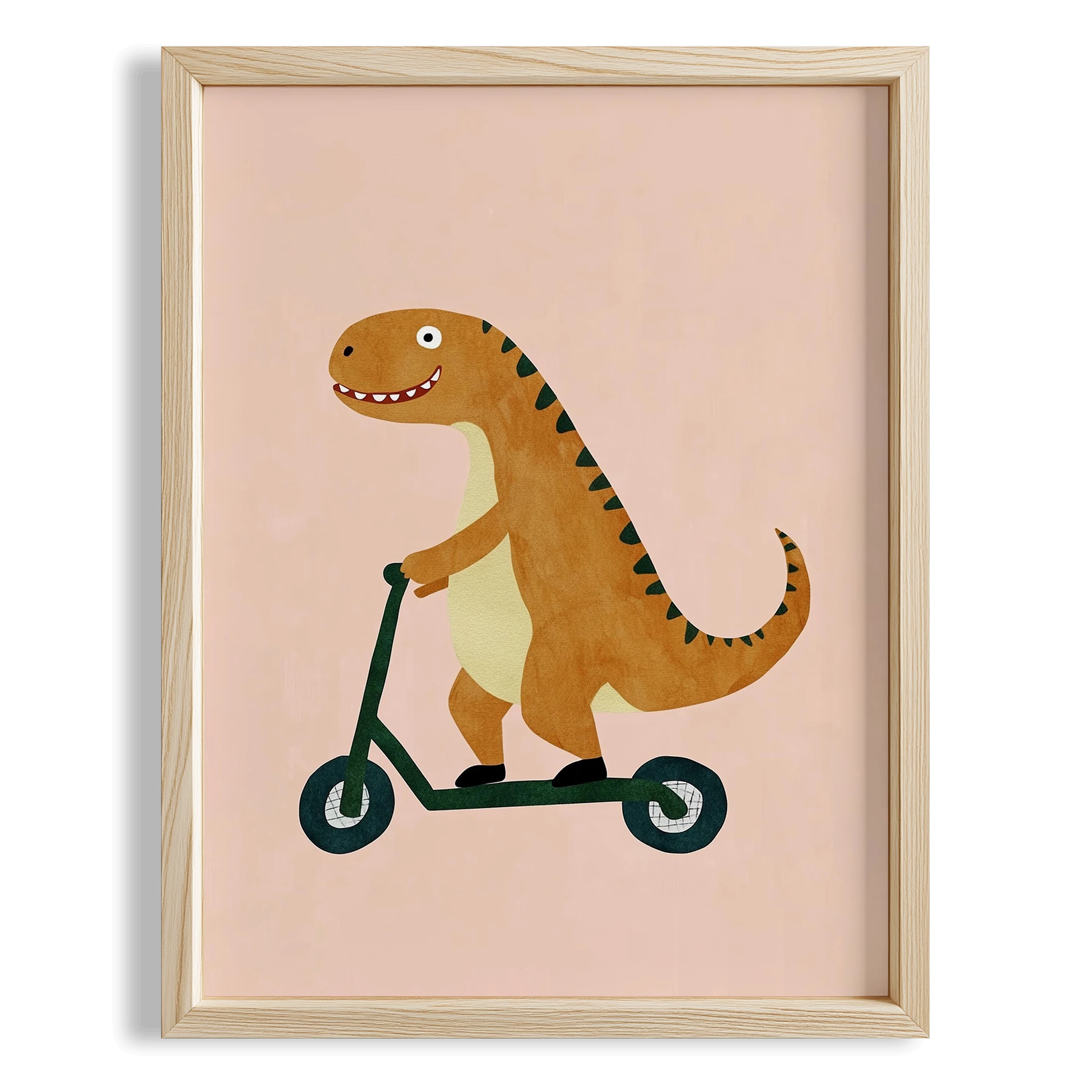 Scooter Süren Dinozor Temalı Pudra Fonlu Çocuk Odası Ahşap Tablo