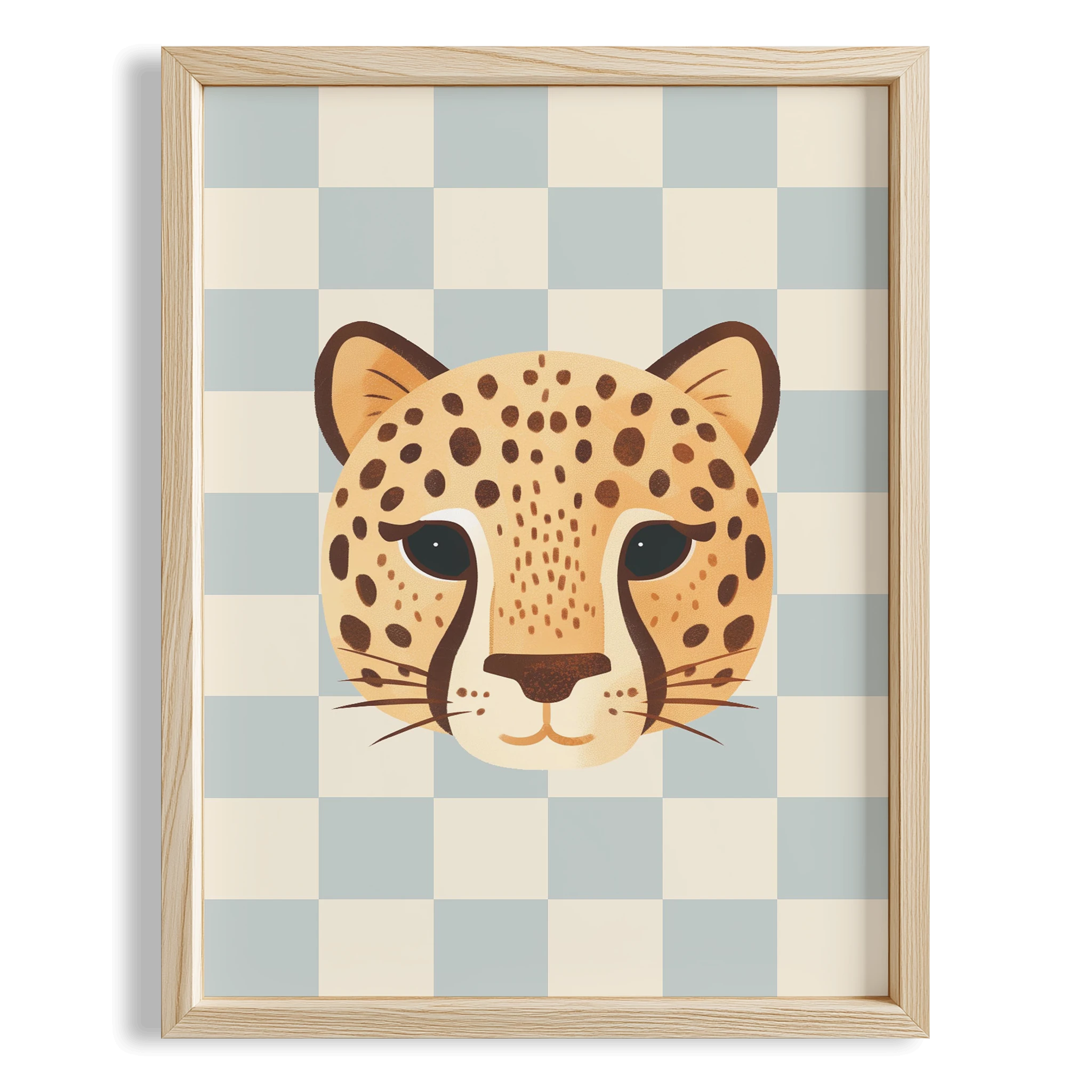 Kaplan Sevimli Safari Hayvanları Açık Mavi Kareli Fonlu Çocuk Odası Ahşap Tablo
