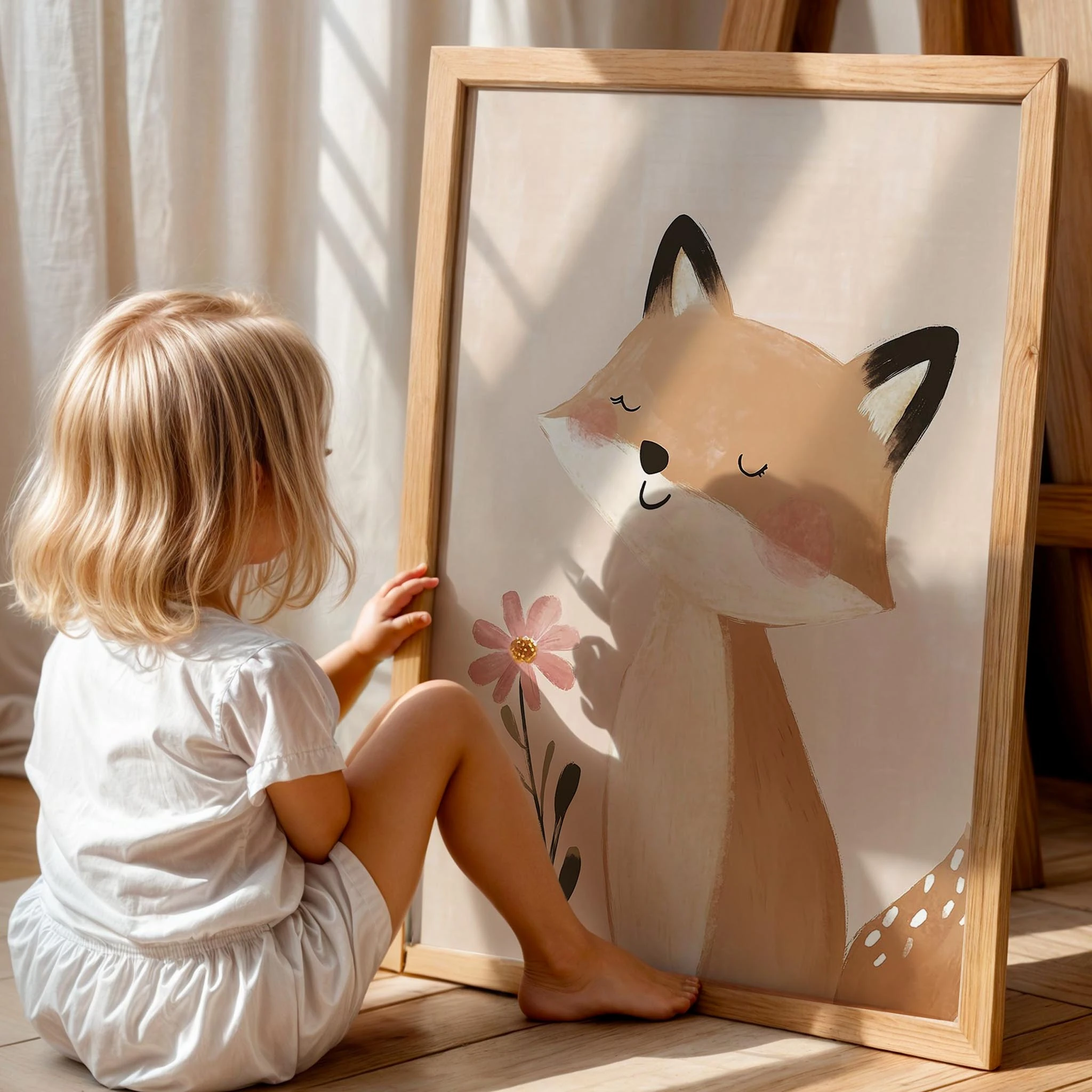 Mutlu Çiçekli Tilki Bohem Kız Çocuk Odası Ahşap Tablo