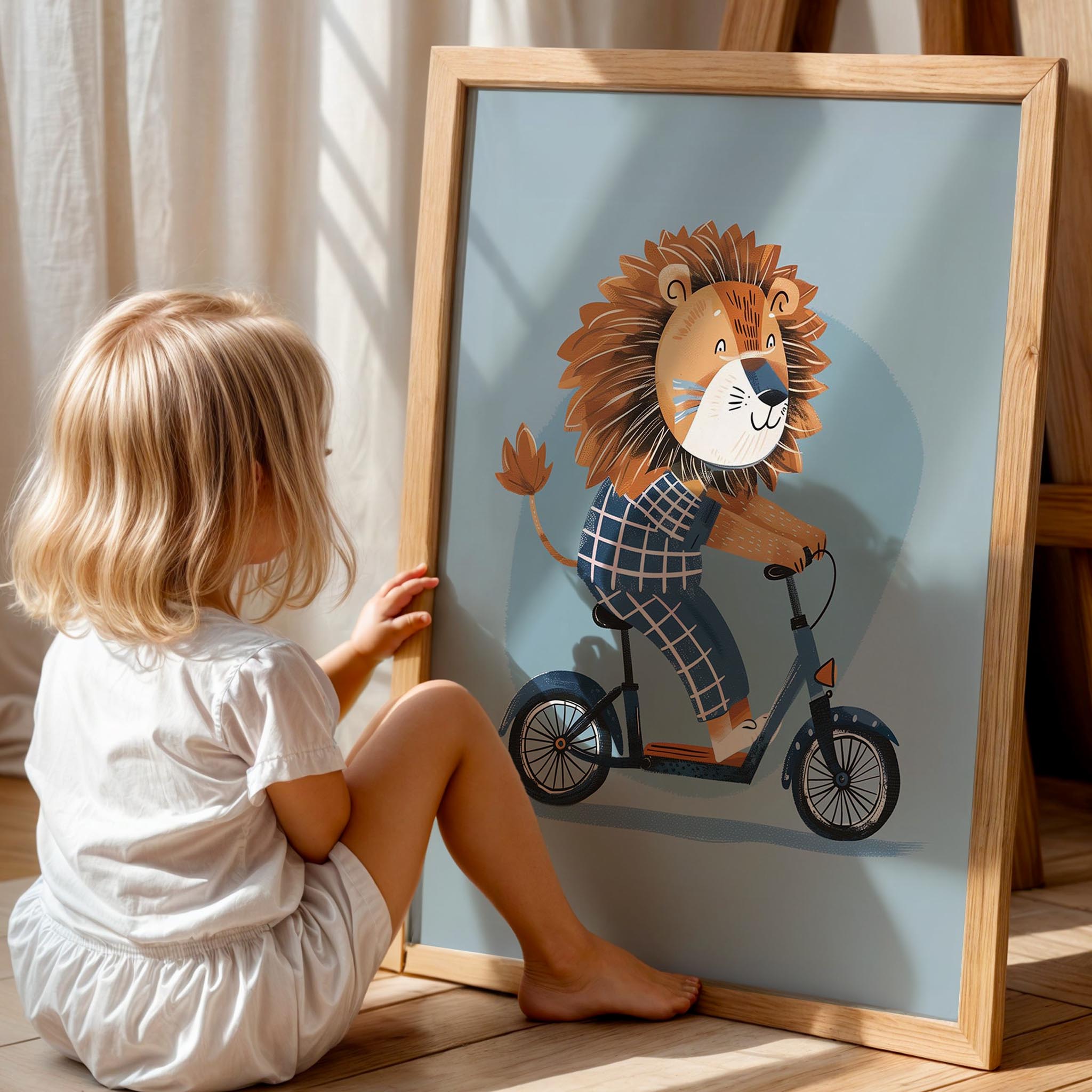 Bisiklet Süren Aslan Erkek Çocuk Odası Ahşap Tablo