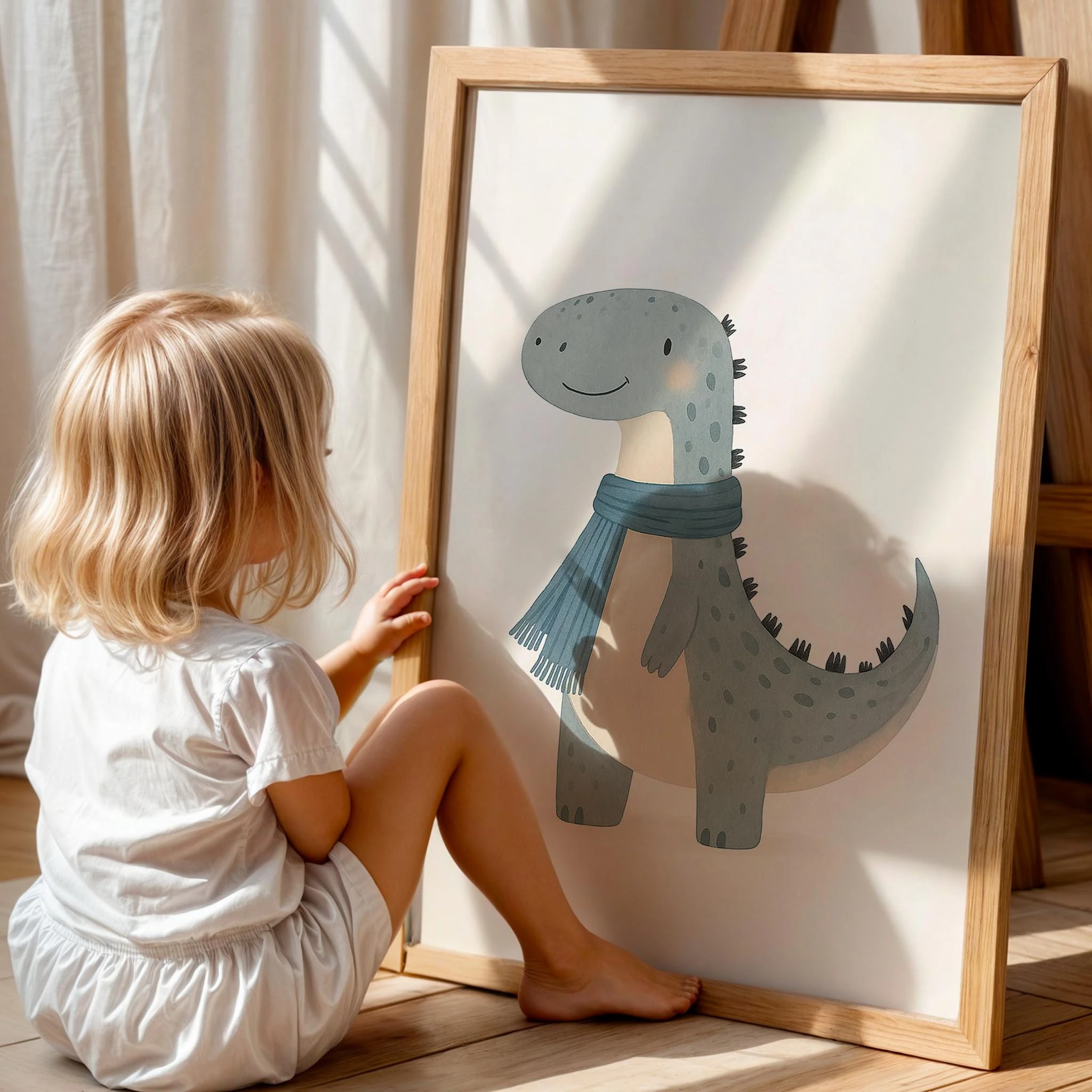 Fülarlı Dinozor Mavi Minimalist Erkek Çocuk Odası Ahşap Tablo