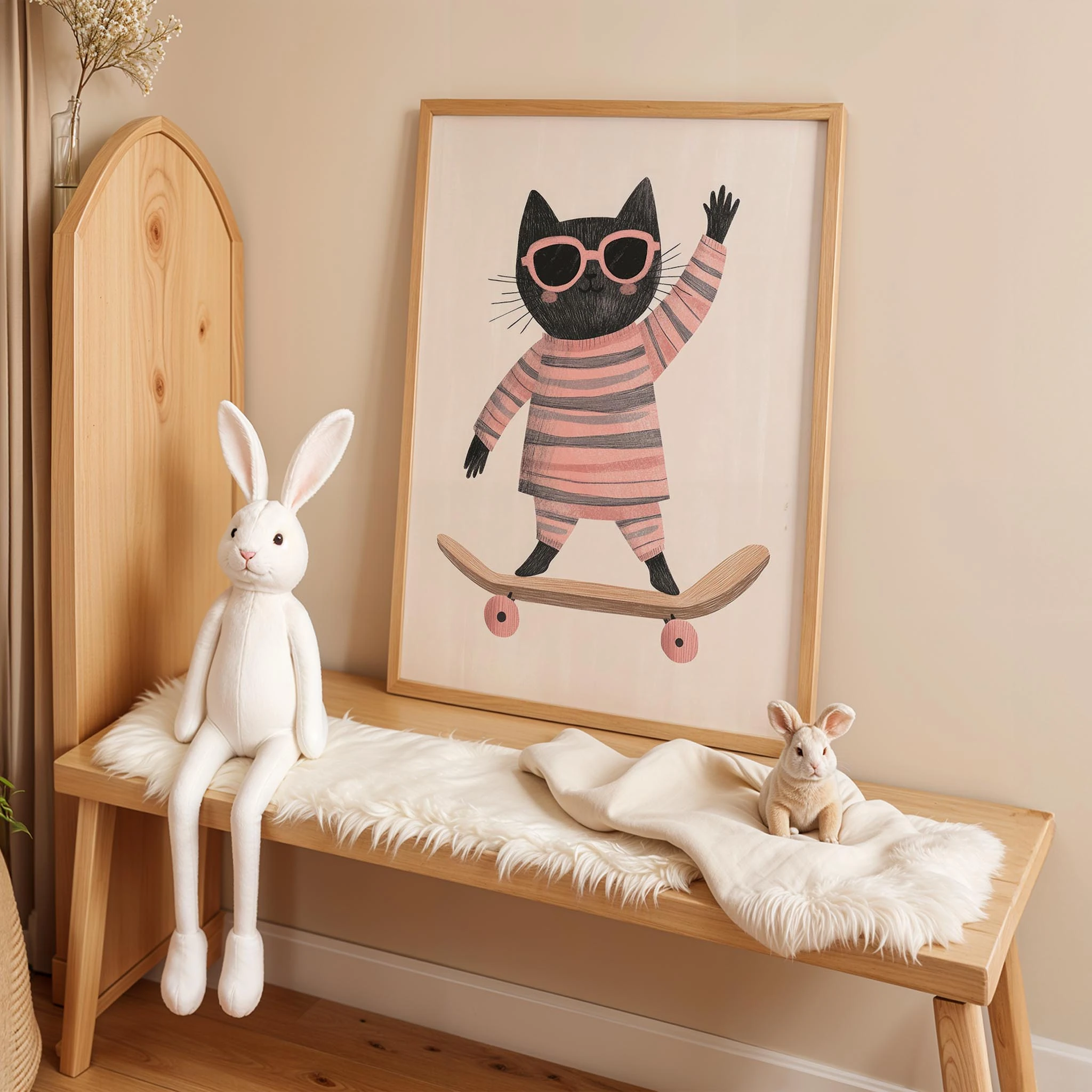 Pijamalı Kaykaycı Kara Kedi - Beyaz Fon