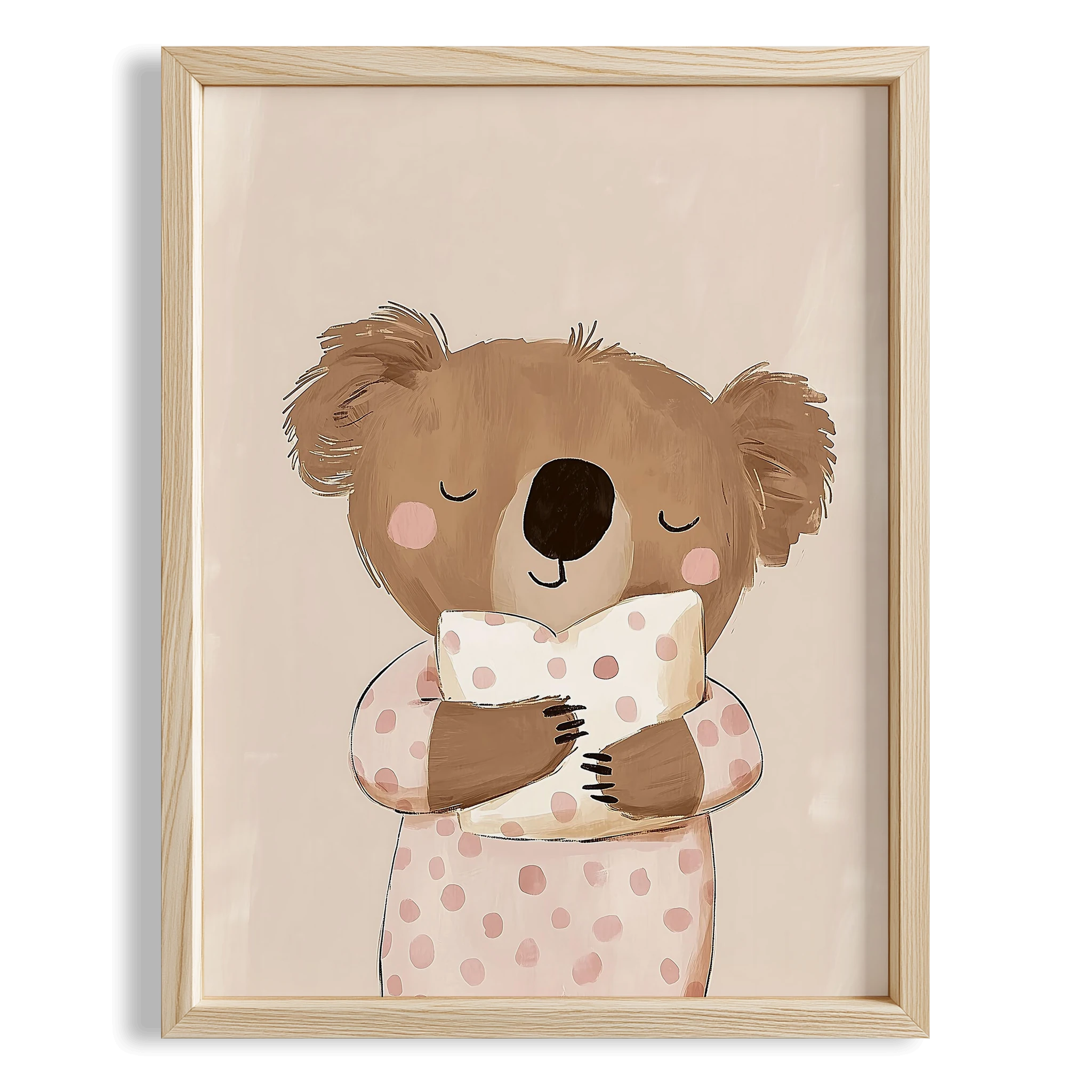 Uykucu Koala Pembe Puantiyeli Bohem Kız Çocuk Odası Ahşap Tablo